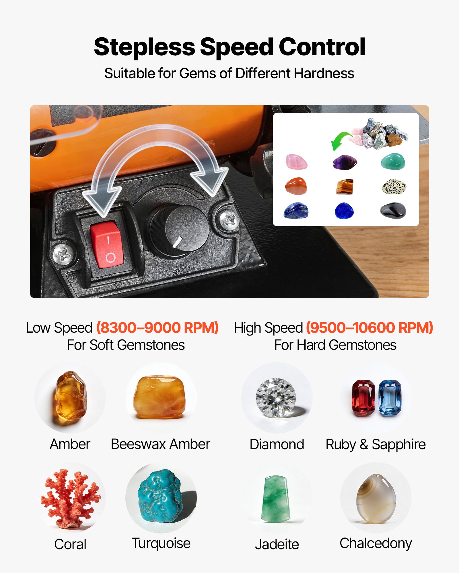 VEVOR Bench Buffer Polisher, 8300-10600 RPM Adjustable Speed, Polishing & Buffing Machine with Grinding, Fiber, and Wool Wheels, 100-Piece Accessory Kit, for Jewelry, Wood, Metal, Raw Stone, Jade DIY