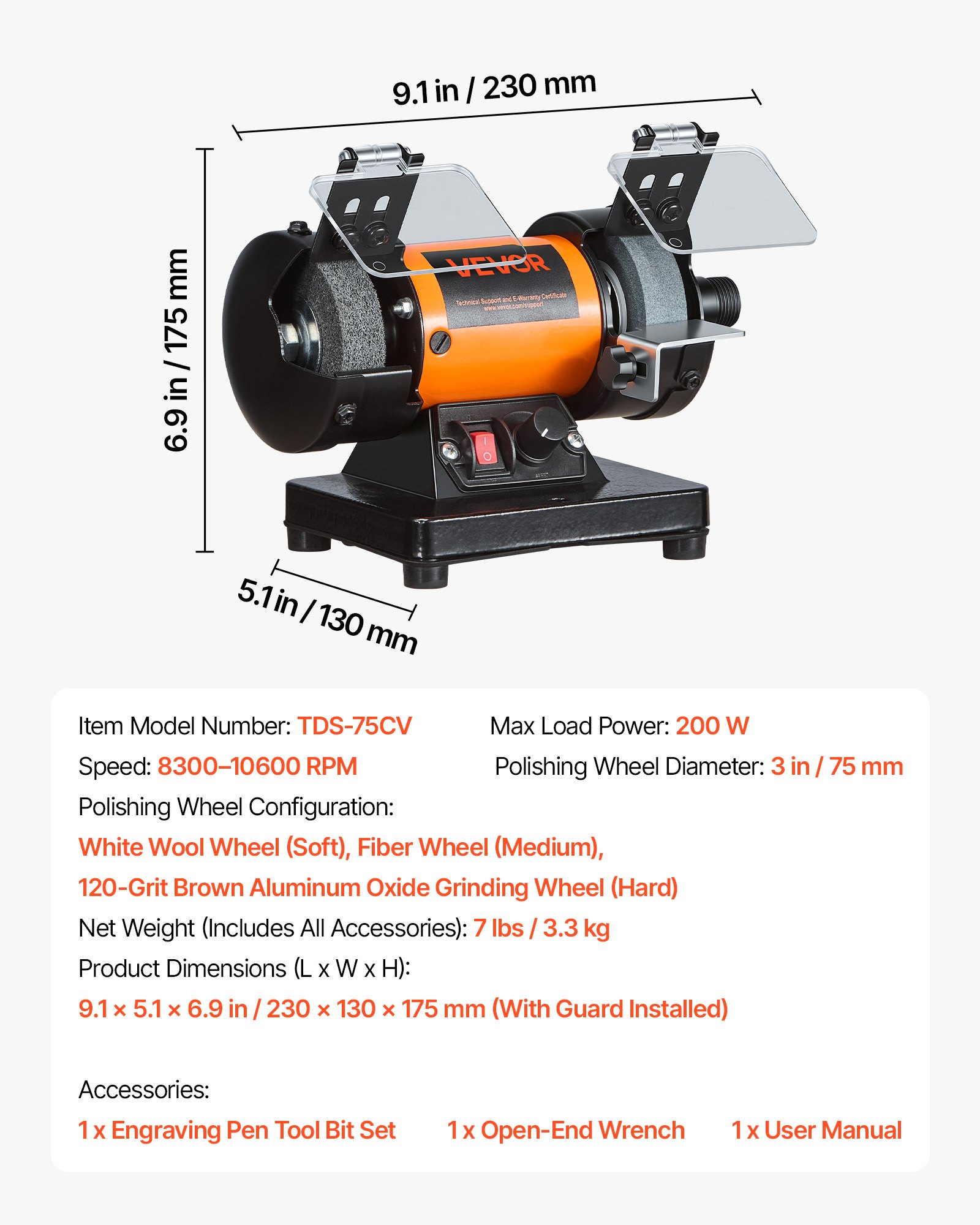 VEVOR Bench Buffer Polisher, 8300-10600 RPM Adjustable Speed, Polishing & Buffing Machine with Grinding, Fiber, and Wool Wheels, 100-Piece Accessory Kit, for Jewelry, Wood, Metal, Raw Stone, Jade DIY