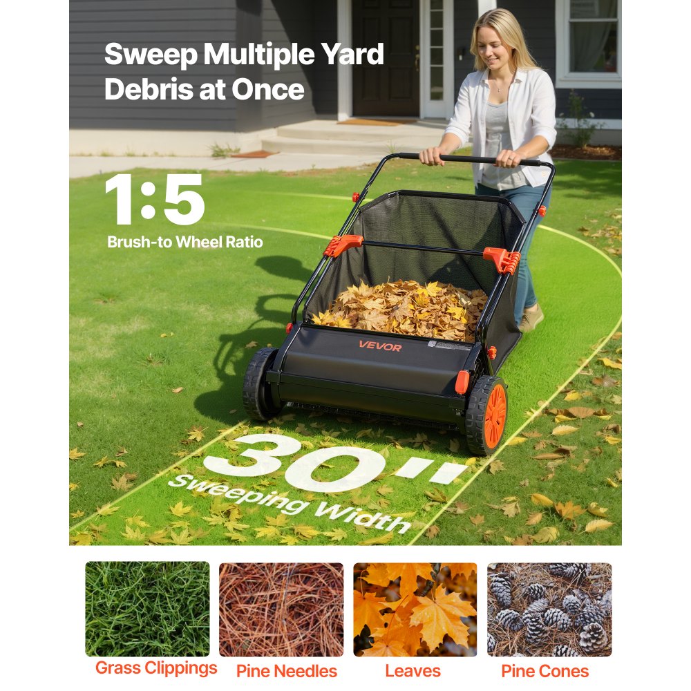 VEVOR Push Lawn Sweeper, 76.2 cm Leaf & Grass Collector with 12 cu. ft. Hopper Bag, Adjustable Brush Height & Spinning Brushes, Heavy Duty Yard Sweeper with Rubber Wheels for Leaves Grass Cleanup