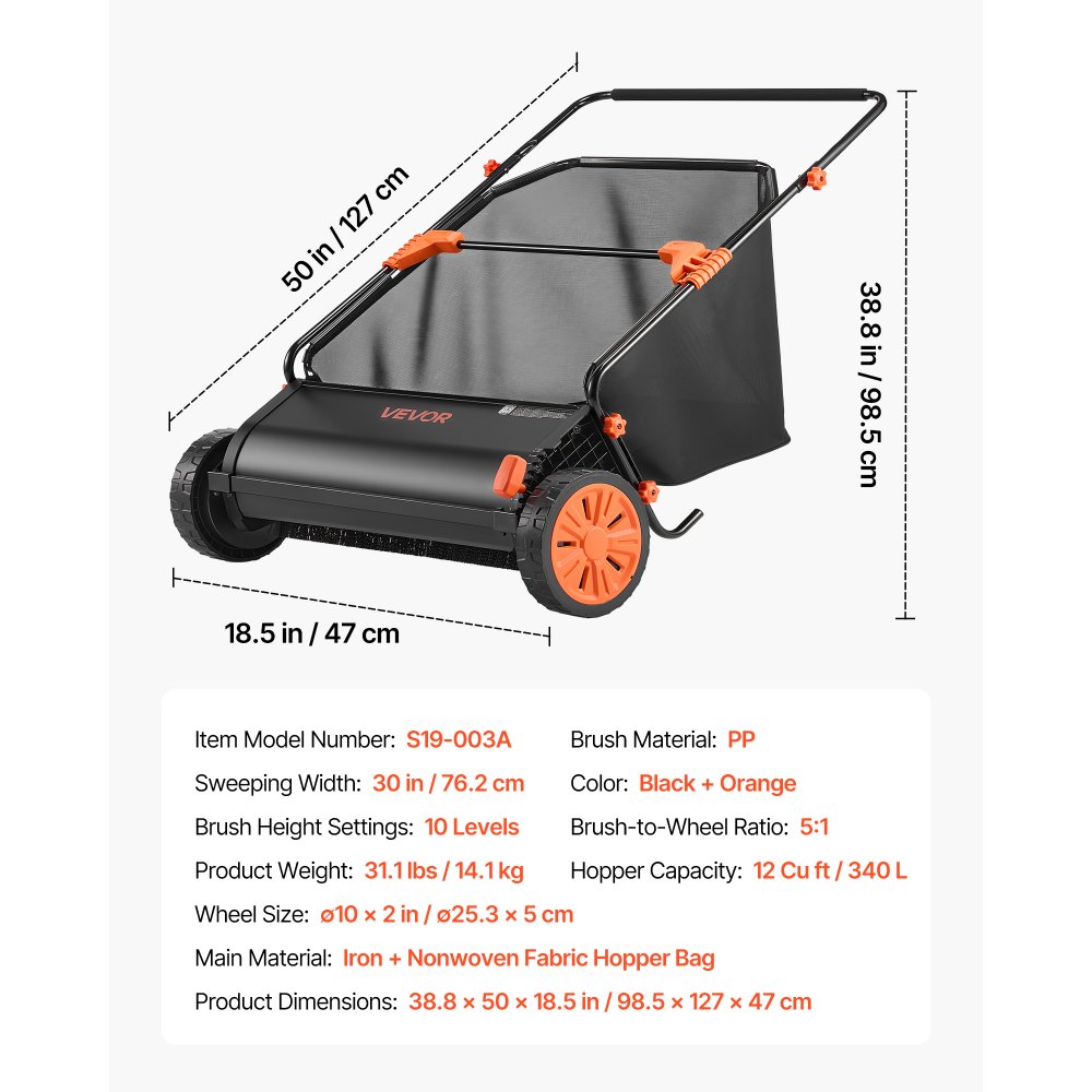 VEVOR Push Lawn Sweeper, 76.2 cm Leaf & Grass Collector with 12 cu. ft. Hopper Bag, Adjustable Brush Height & Spinning Brushes, Heavy Duty Yard Sweeper with Rubber Wheels for Leaves Grass Cleanup