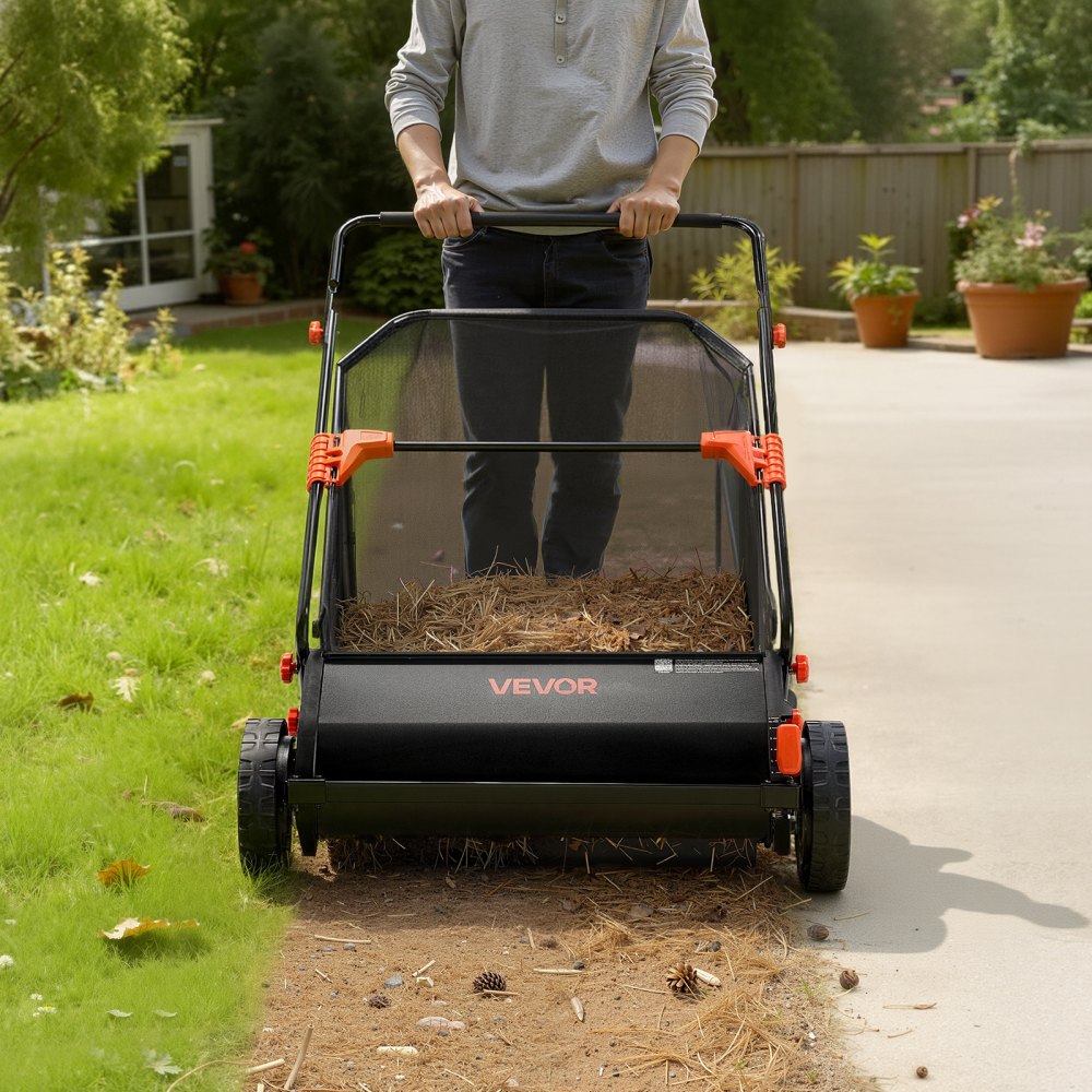 VEVOR Push Lawn Sweeper, 76.2 cm Leaf & Grass Collector with 12 cu. ft. Hopper Bag, Adjustable Brush Height & Spinning Brushes, Heavy Duty Yard Sweeper with Rubber Wheels for Leaves Grass Cleanup
