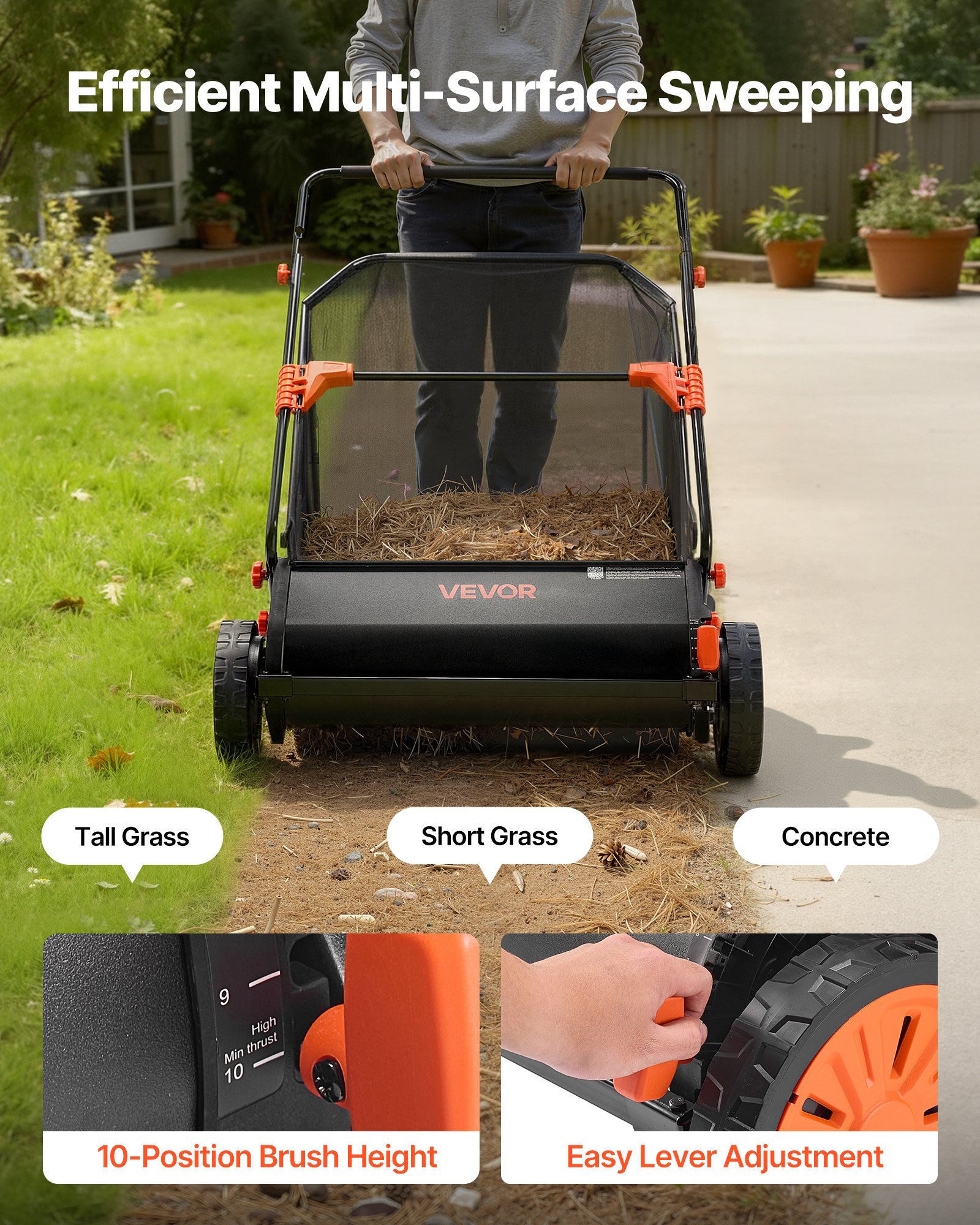 VEVOR Push Lawn Sweeper, 76.2 cm Leaf & Grass Collector with 12 cu. ft. Hopper Bag, Adjustable Brush Height & Spinning Brushes, Heavy Duty Yard Sweeper with Rubber Wheels for Leaves Grass Cleanup