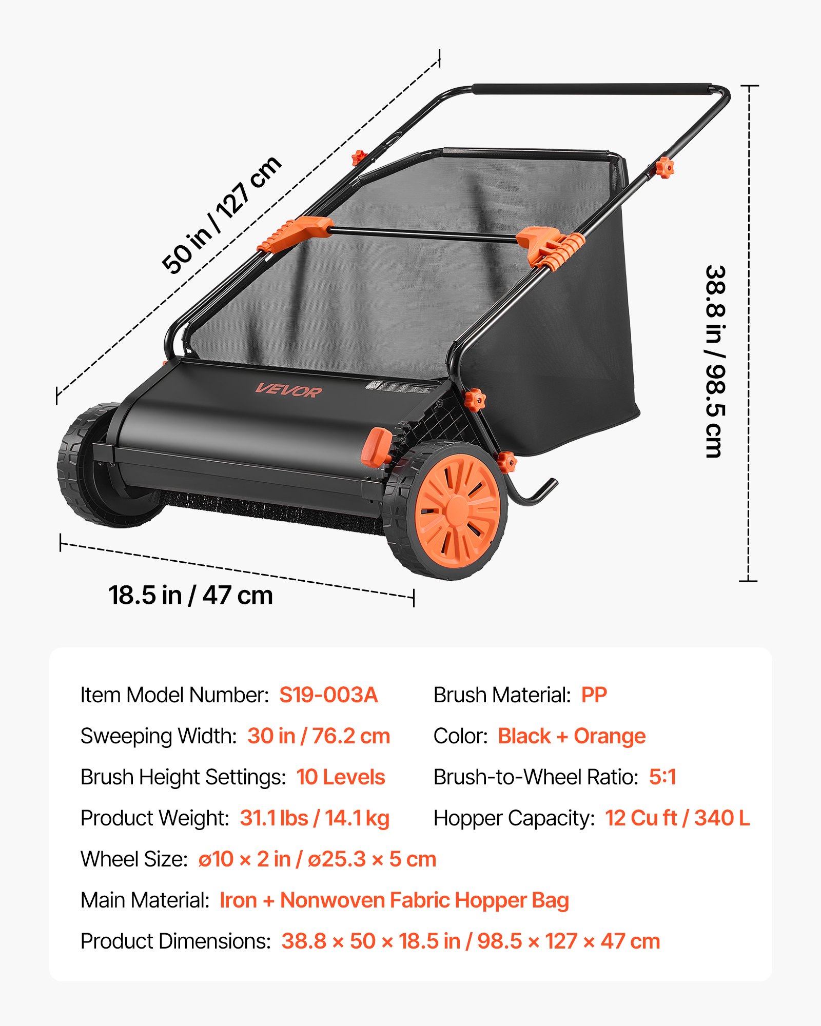 VEVOR Push Lawn Sweeper, 76.2 cm Leaf & Grass Collector with 12 cu. ft. Hopper Bag, Adjustable Brush Height & Spinning Brushes, Heavy Duty Yard Sweeper with Rubber Wheels for Leaves Grass Cleanup