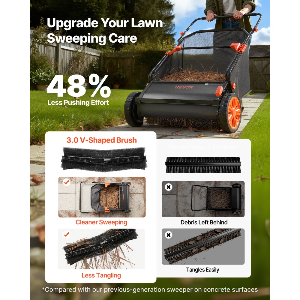 VEVOR Push Lawn Sweeper, 66 cm Leaf & Grass Collector with 7 cu. ft. Hopper Bag, Adjustable Brush Height & Spinning Brushes, Heavy Duty Yard Sweeper with Rubber Wheels for Leaves Grass Cleanup
