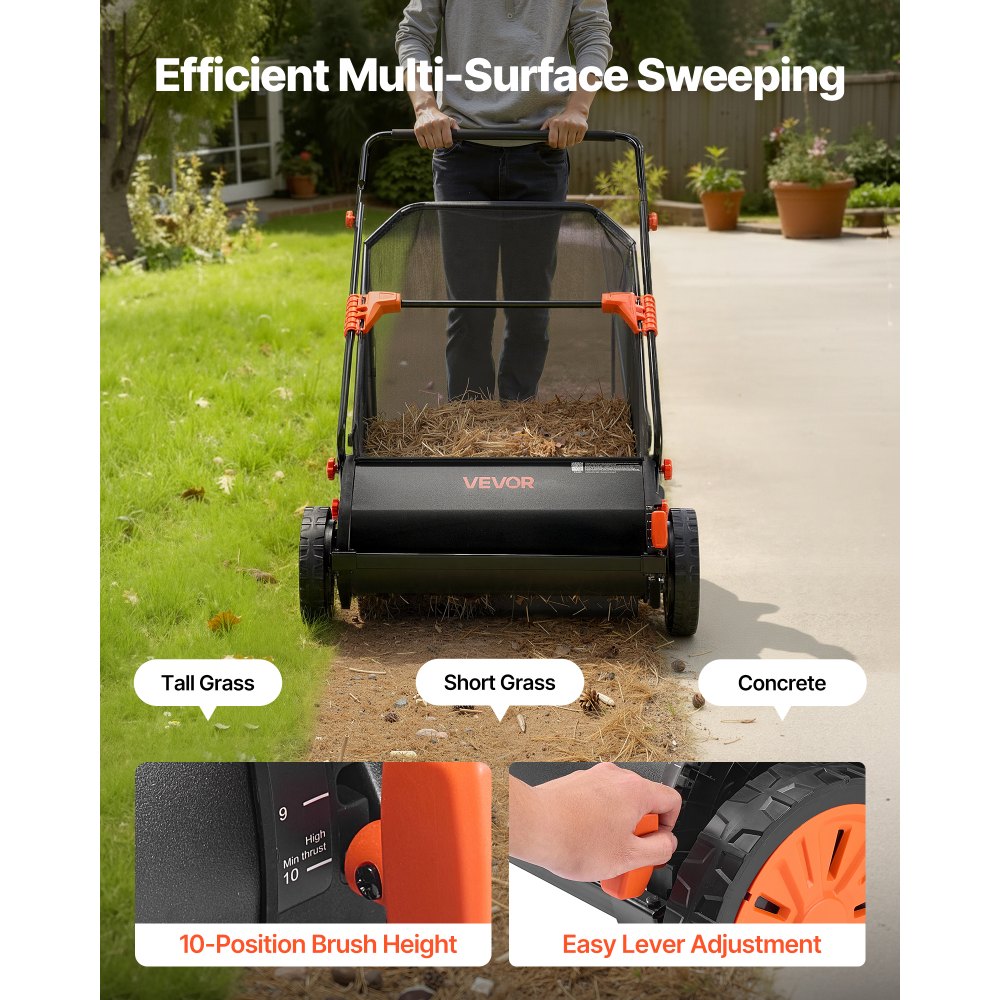 VEVOR Push Lawn Sweeper, 66 cm Leaf & Grass Collector with 7 cu. ft. Hopper Bag, Adjustable Brush Height & Spinning Brushes, Heavy Duty Yard Sweeper with Rubber Wheels for Leaves Grass Cleanup