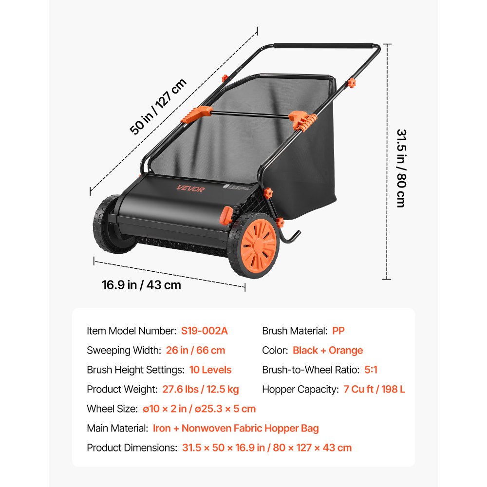 VEVOR Push Lawn Sweeper, 66 cm Leaf & Grass Collector with 7 cu. ft. Hopper Bag, Adjustable Brush Height & Spinning Brushes, Heavy Duty Yard Sweeper with Rubber Wheels for Leaves Grass Cleanup