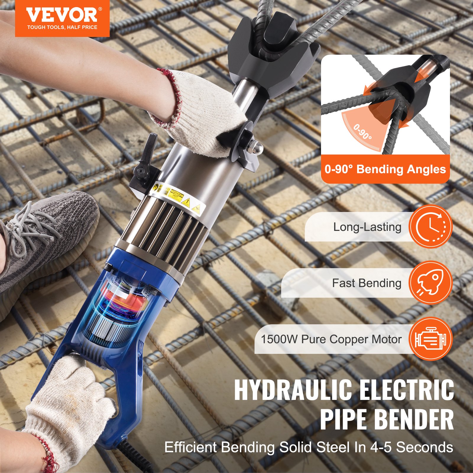 VEVOR Electric Hydraulic Rebar Bender, 1500W Portable Rebar Bending Machine, Bending up to 3/4 Inch #6 (6-20mm) within 4 Seconds, High Power Steel Rebar Bender w/ Tool Case Oil Can,Black Blue RN-22