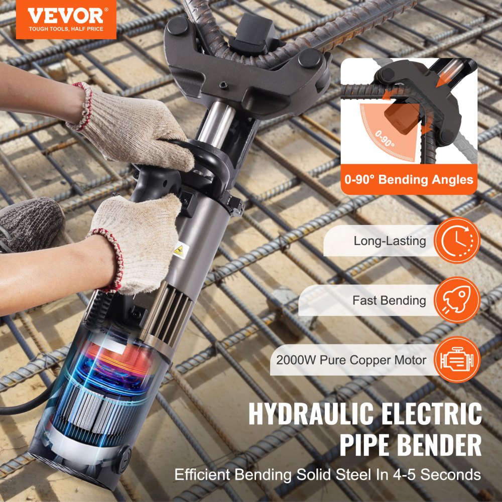 VEVOR Electric Hydraulic Rebar Bender, 2000W Portable Rebar Bending Machine, Bending up to 1.26 Inch (20-32mm) within 5 Seconds, High Power Steel Rebar Bender w/ Tool Case Oil Can,Black NRB-32