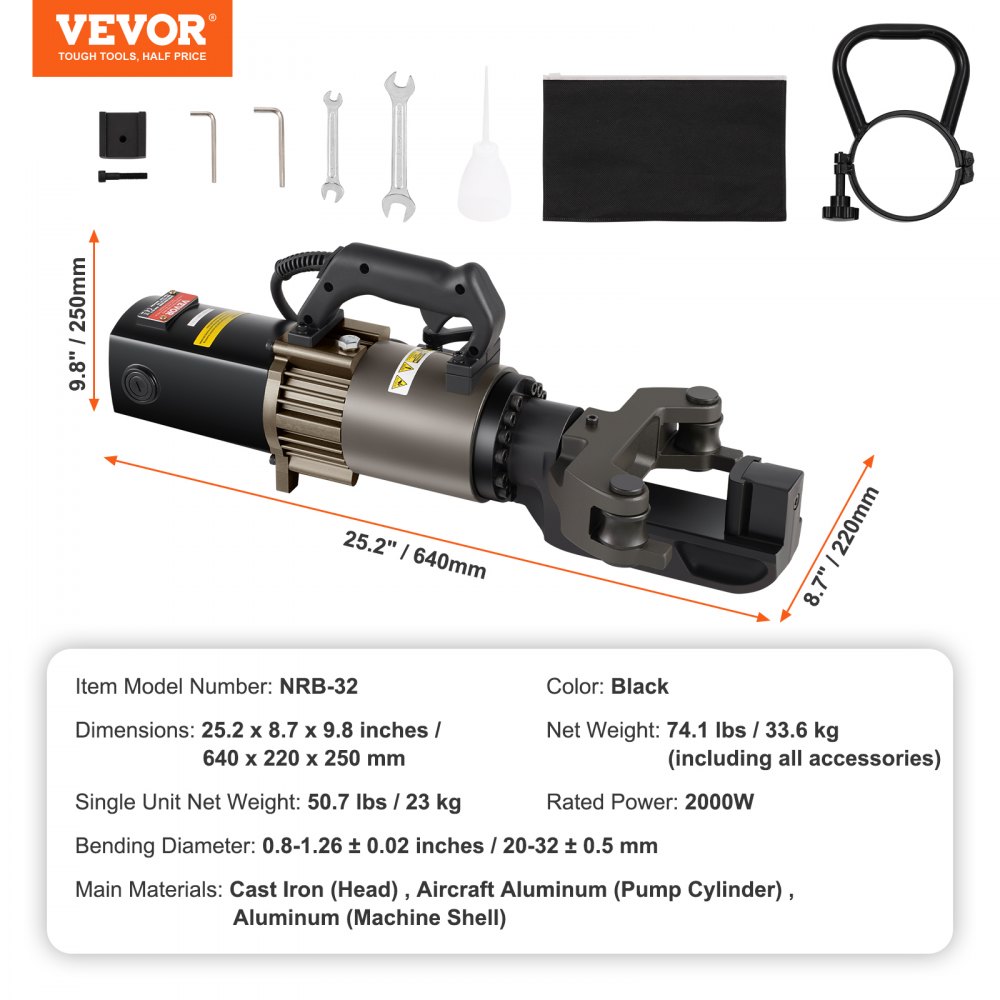 VEVOR Electric Hydraulic Rebar Bender, 2000W Portable Rebar Bending Machine, Bending up to 1.26 Inch (20-32mm) within 5 Seconds, High Power Steel Rebar Bender w/ Tool Case Oil Can,Black NRB-32