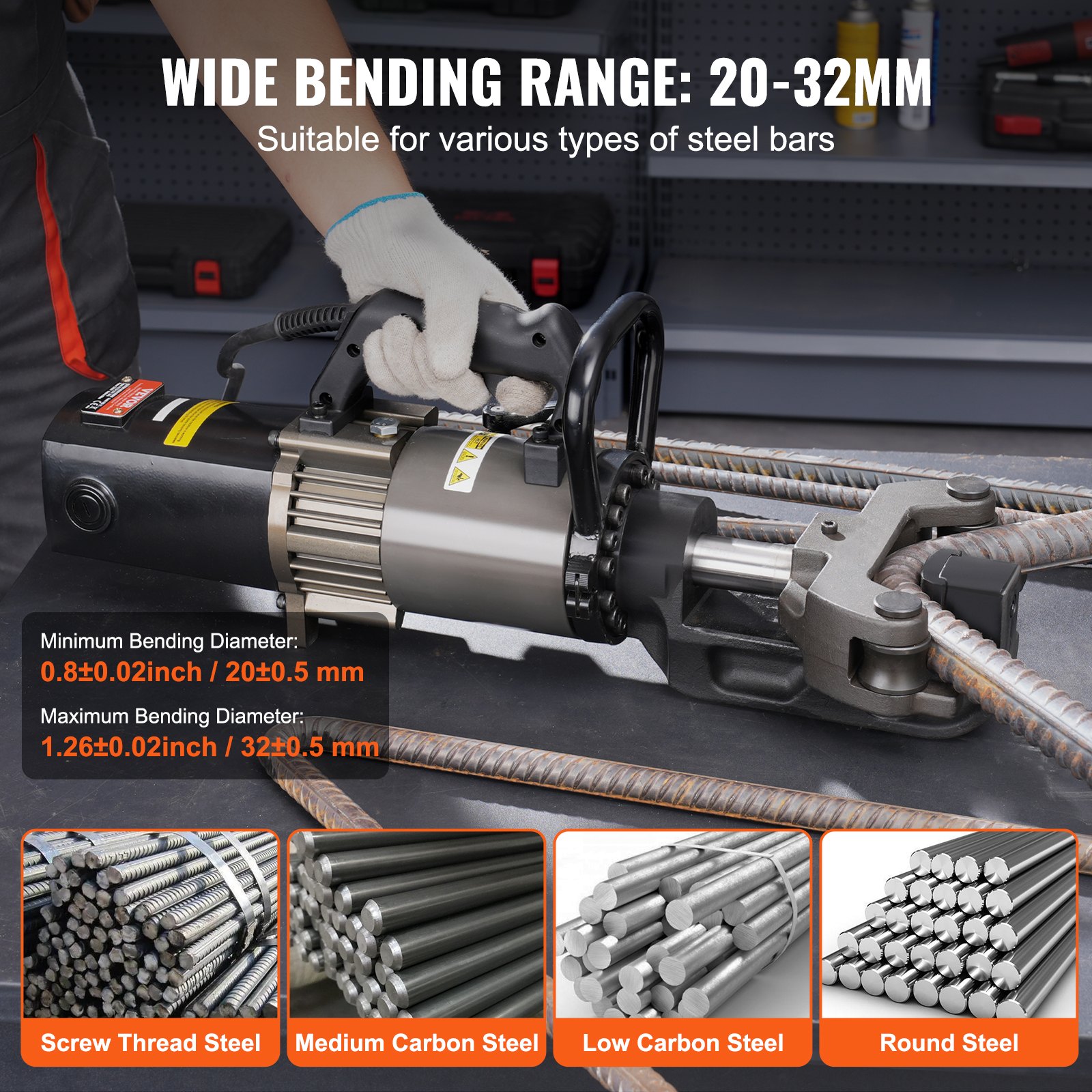 VEVOR Electric Hydraulic Rebar Bender, 2000W Portable Rebar Bending Machine, Bending up to 1.26 Inch (20-32mm) within 5 Seconds, High Power Steel Rebar Bender w/ Tool Case Oil Can,Black NRB-32