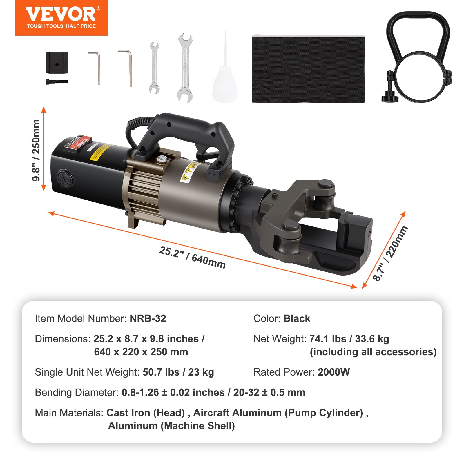 VEVOR Electric Hydraulic Rebar Bender, 2000W Portable Rebar Bending Machine, Bending up to 1.26 Inch (20-32mm) within 5 Seconds, High Power Steel Rebar Bender w/ Tool Case Oil Can,Black NRB-32