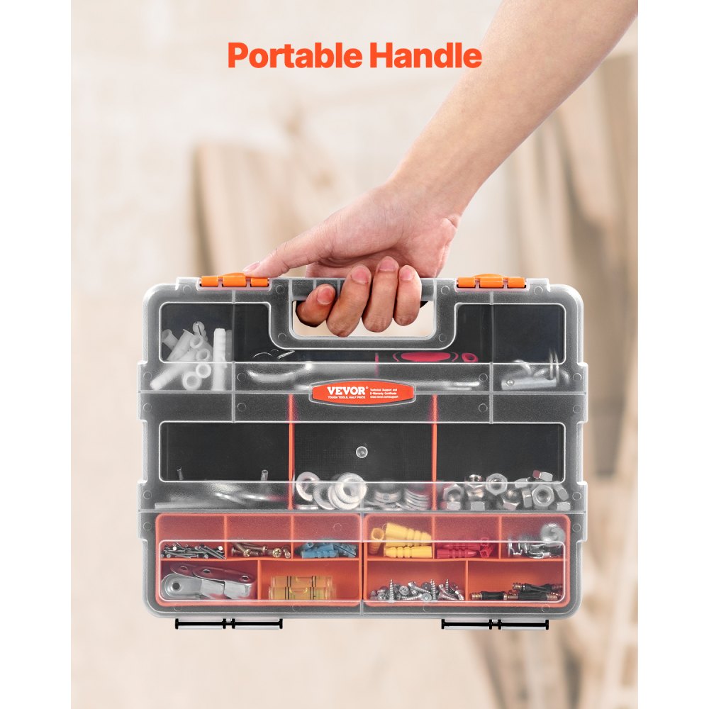 VEVOR 3-Pack Small Parts Organizer, 21 Compartments Tools Organizer Box with Removable Dividers, High-Quality PP Hardware Storage Box with Safety Latch & Portable Handle for Nuts, Bolts, Screws, Nails