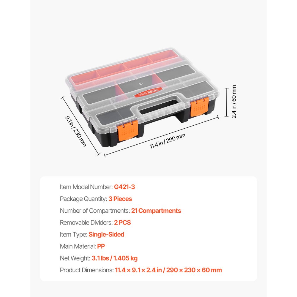 VEVOR 3-Pack Small Parts Organizer, 21 Compartments Tools Organizer Box with Removable Dividers, High-Quality PP Hardware Storage Box with Safety Latch & Portable Handle for Nuts, Bolts, Screws, Nails