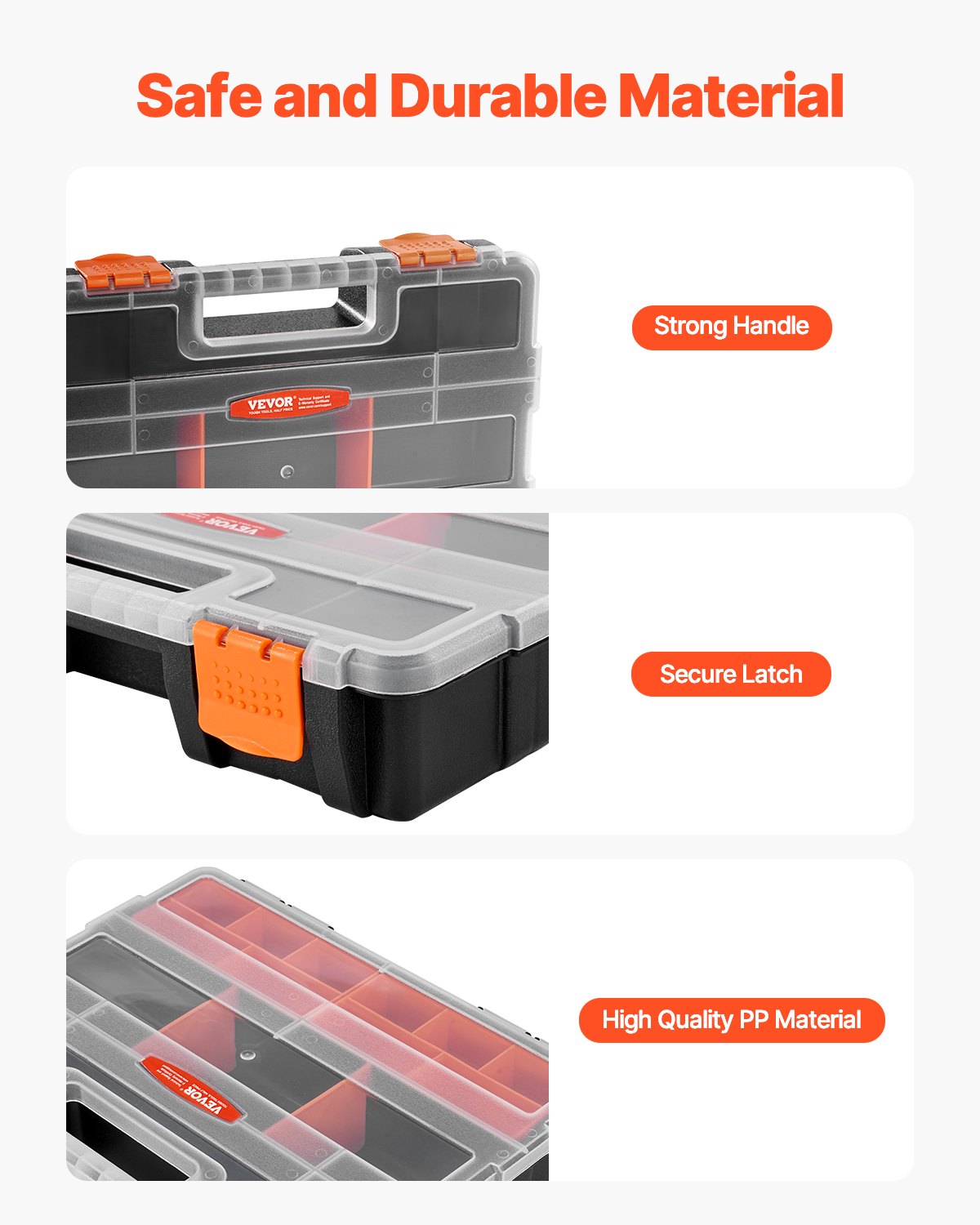 VEVOR 3-Pack Small Parts Organizer, 21 Compartments Tools Organizer Box with Removable Dividers, High-Quality PP Hardware Storage Box with Safety Latch & Portable Handle for Nuts, Bolts, Screws, Nails
