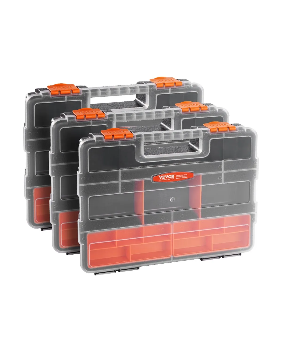 VEVOR 3-Pack Small Parts Organizer, 21 Compartments Tools Organizer Box with Removable Dividers, High-Quality PP Hardware Storage Box with Safety Latch & Portable Handle for Nuts, Bolts, Screws, Nails