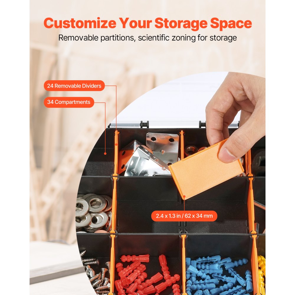 VEVOR Small Parts Organizer, 34-Compartment Double Side Tools Organizer Box with 24 Removable Dividers, PP Hardware Storage Box with Safety Latch & Portable Handle for Nuts, Bolts, Screws, Nails