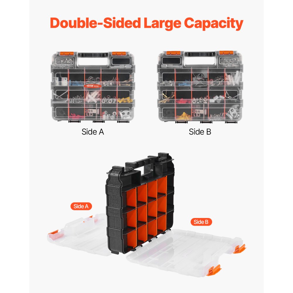 VEVOR Small Parts Organizer, 34-Compartment Double Side Tools Organizer Box with 24 Removable Dividers, PP Hardware Storage Box with Safety Latch & Portable Handle for Nuts, Bolts, Screws, Nails