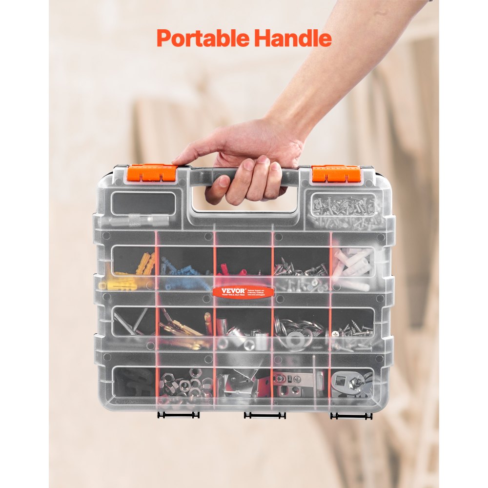 VEVOR Small Parts Organizer, 34-Compartment Double Side Tools Organizer Box with 24 Removable Dividers, PP Hardware Storage Box with Safety Latch & Portable Handle for Nuts, Bolts, Screws, Nails