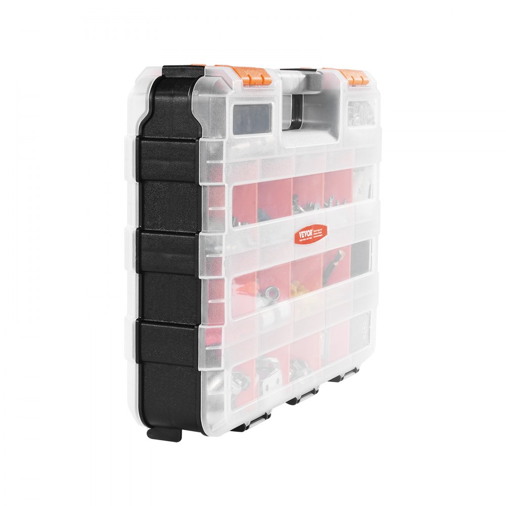 VEVOR Small Parts Organizer, 34-Compartment Double Side Tools Organizer Box with 24 Removable Dividers, PP Hardware Storage Box with Safety Latch & Portable Handle for Nuts, Bolts, Screws, Nails