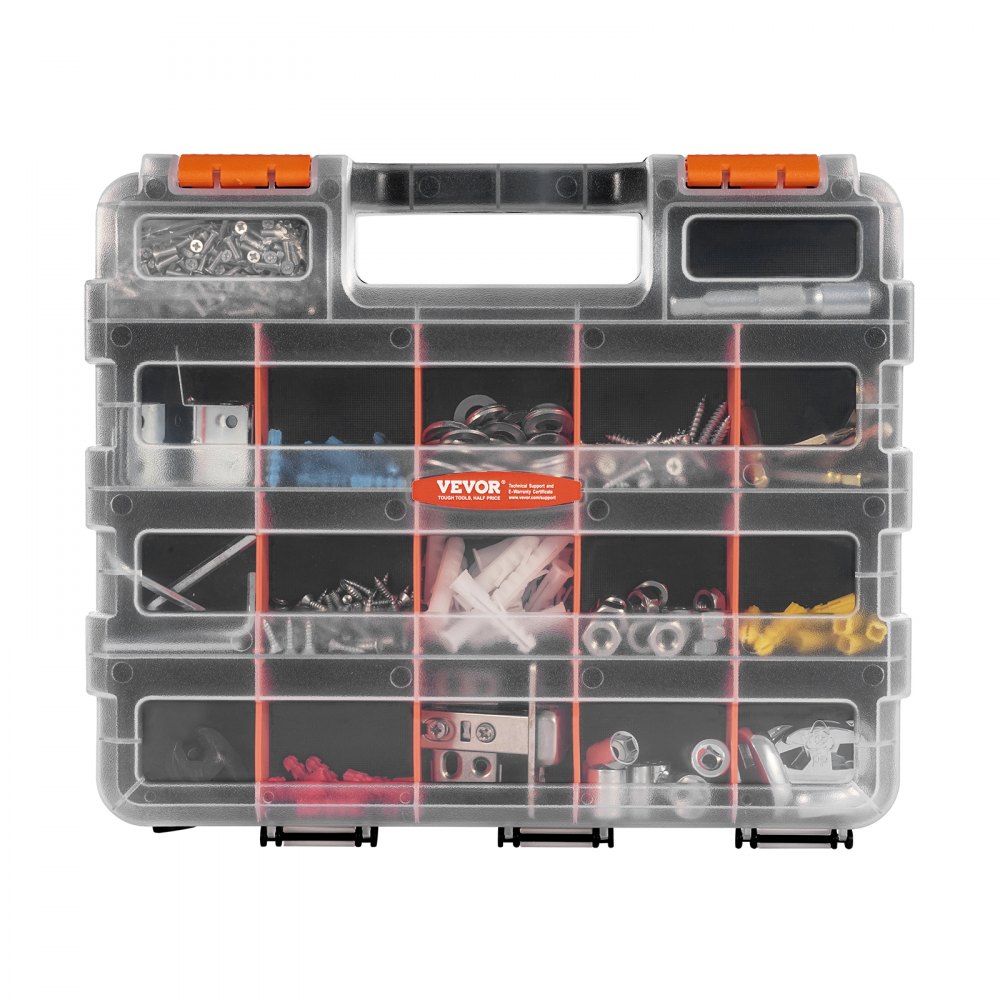 VEVOR Small Parts Organizer, 34-Compartment Double Side Tools Organizer Box with 24 Removable Dividers, PP Hardware Storage Box with Safety Latch & Portable Handle for Nuts, Bolts, Screws, Nails