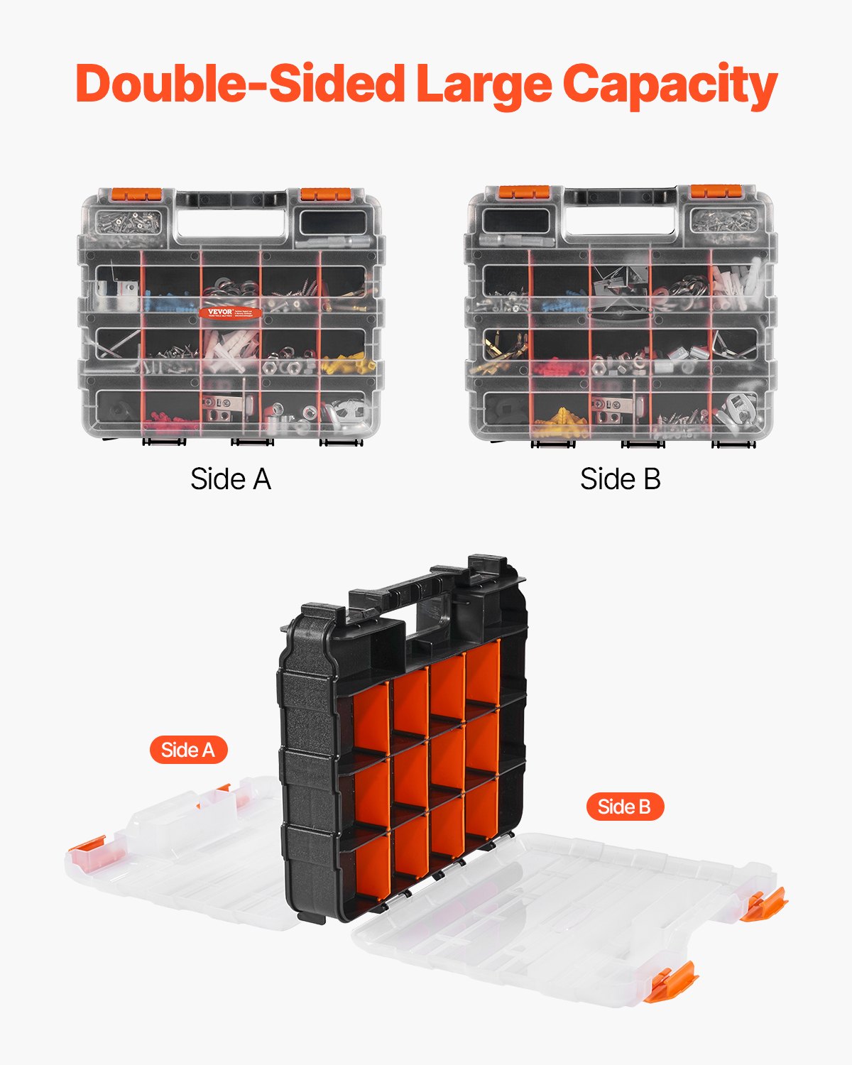 VEVOR Small Parts Organizer, 34-Compartment Double Side Tools Organizer Box with 24 Removable Dividers, PP Hardware Storage Box with Safety Latch & Portable Handle for Nuts, Bolts, Screws, Nails