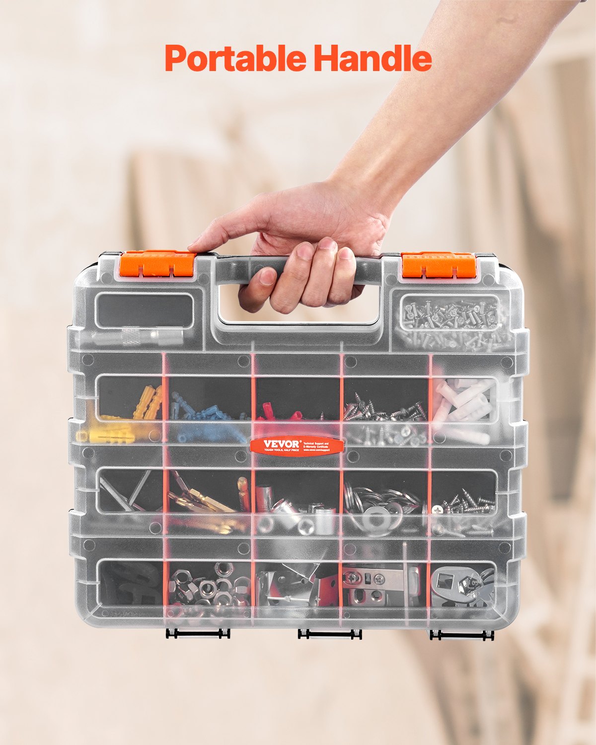 VEVOR Small Parts Organizer, 34-Compartment Double Side Tools Organizer Box with 24 Removable Dividers, PP Hardware Storage Box with Safety Latch & Portable Handle for Nuts, Bolts, Screws, Nails