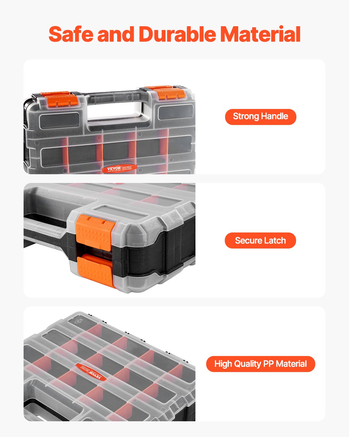 VEVOR Small Parts Organizer, 34-Compartment Double Side Tools Organizer Box with 24 Removable Dividers, PP Hardware Storage Box with Safety Latch & Portable Handle for Nuts, Bolts, Screws, Nails