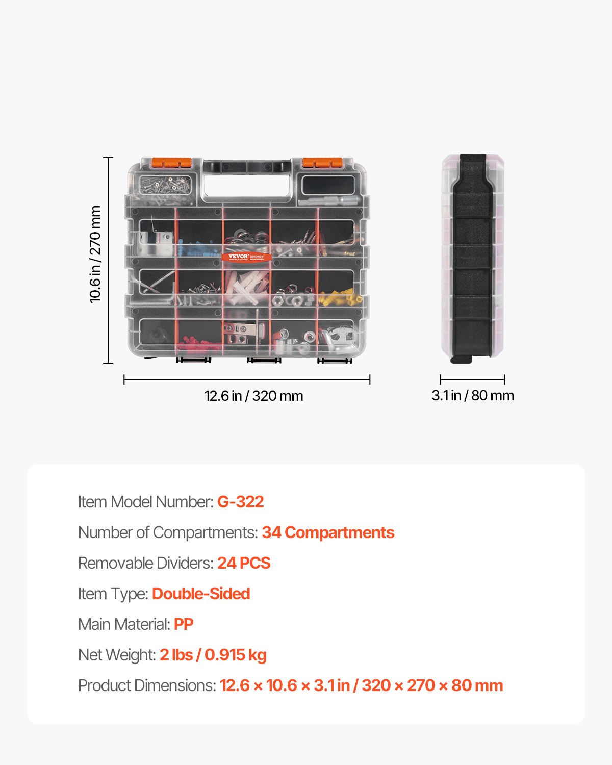 VEVOR Small Parts Organizer, 34-Compartment Double Side Tools Organizer Box with 24 Removable Dividers, PP Hardware Storage Box with Safety Latch & Portable Handle for Nuts, Bolts, Screws, Nails
