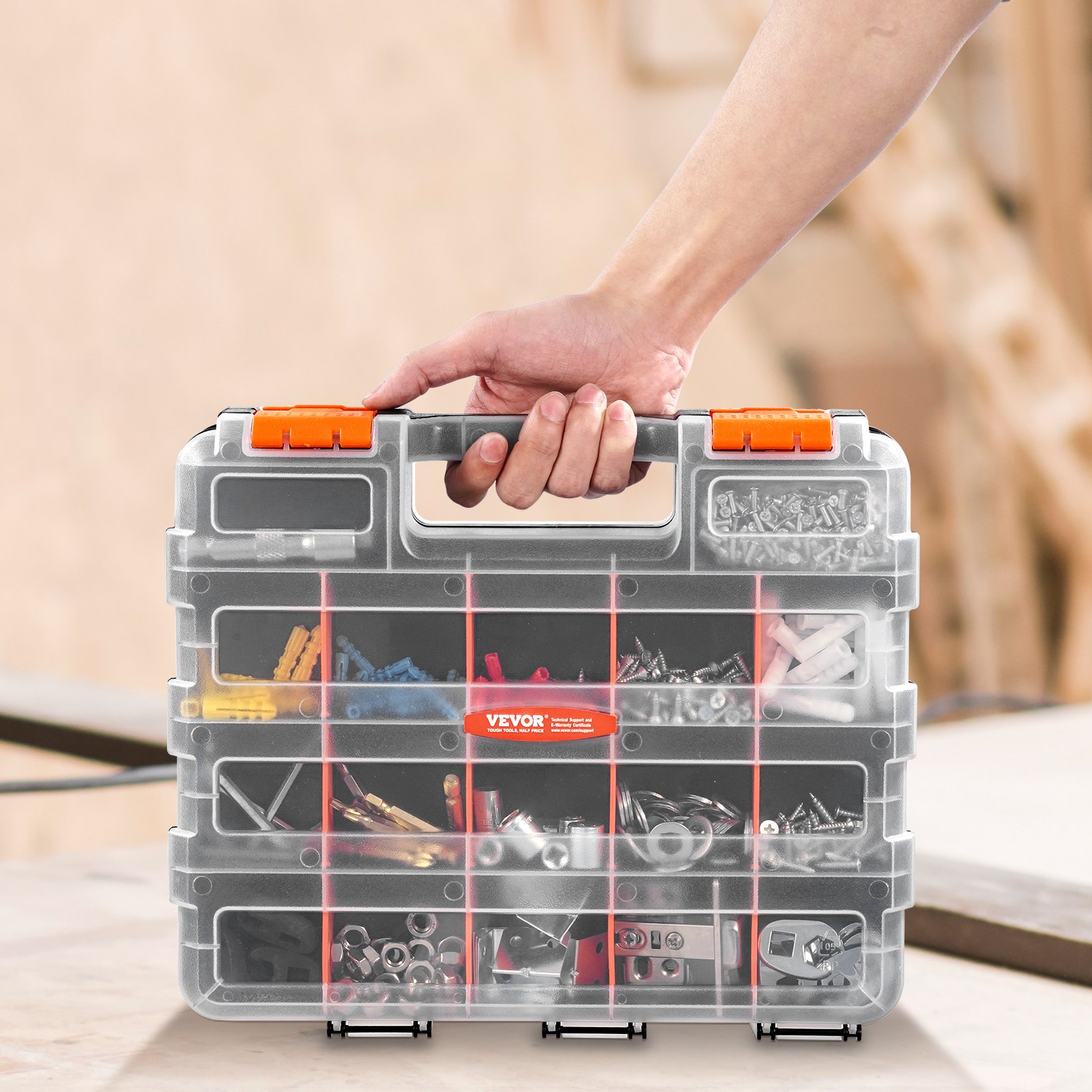 VEVOR Small Parts Organizer, 34-Compartment Double Side Tools Organizer Box with 24 Removable Dividers, PP Hardware Storage Box with Safety Latch & Portable Handle for Nuts, Bolts, Screws, Nails