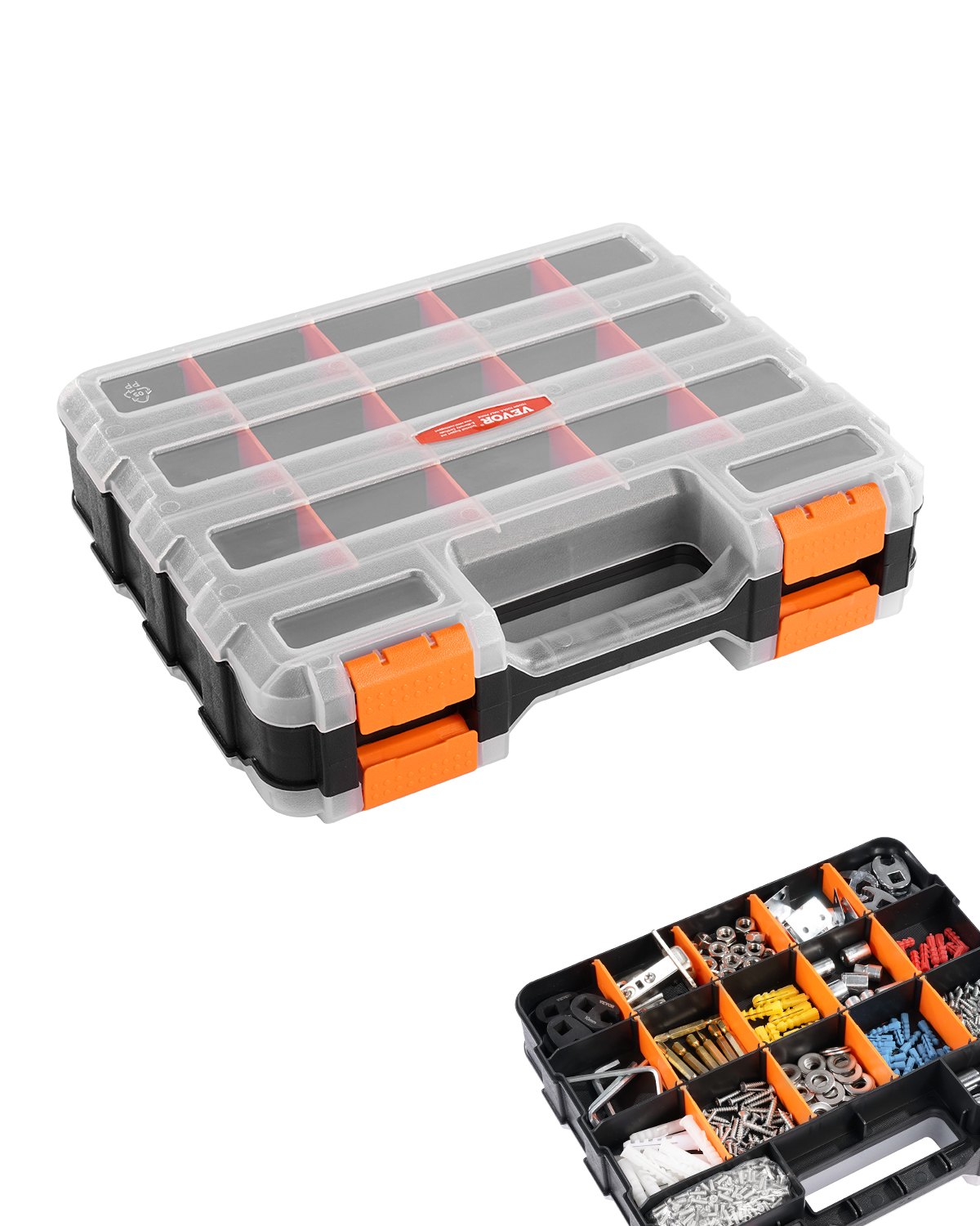 VEVOR Small Parts Organizer, 34-Compartment Double Side Tools Organizer Box with 24 Removable Dividers, PP Hardware Storage Box with Safety Latch & Portable Handle for Nuts, Bolts, Screws, Nails
