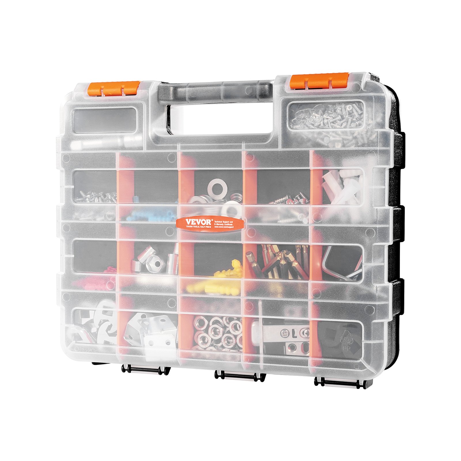 VEVOR Small Parts Organizer, 34-Compartment Double Side Tools Organizer Box with 24 Removable Dividers, PP Hardware Storage Box with Safety Latch & Portable Handle for Nuts, Bolts, Screws, Nails