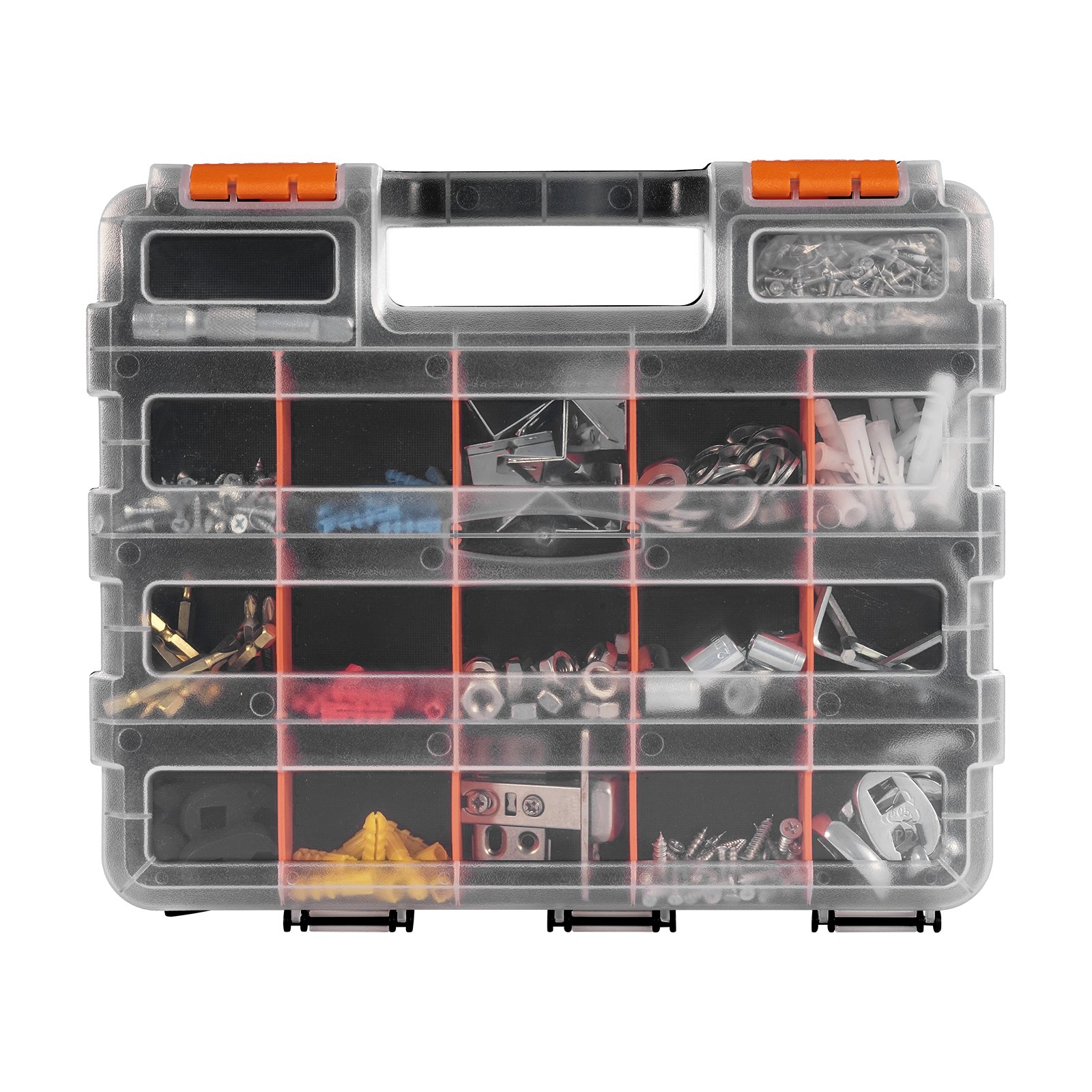 VEVOR Small Parts Organizer, 34-Compartment Double Side Tools Organizer Box with 24 Removable Dividers, PP Hardware Storage Box with Safety Latch & Portable Handle for Nuts, Bolts, Screws, Nails