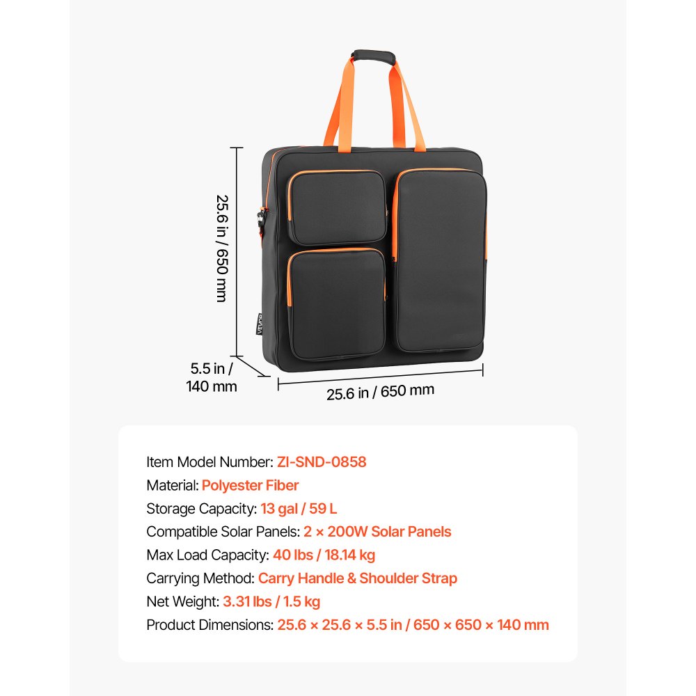 VEVOR Solar Panel Storage Bag for 2 x 200W Foldable Solar Panels, Waterproof Polyester Fiber Solar Panel Carrying Bag with Shoulder Straps, Lightweight Portable for Outdoor Camping, RV Travel