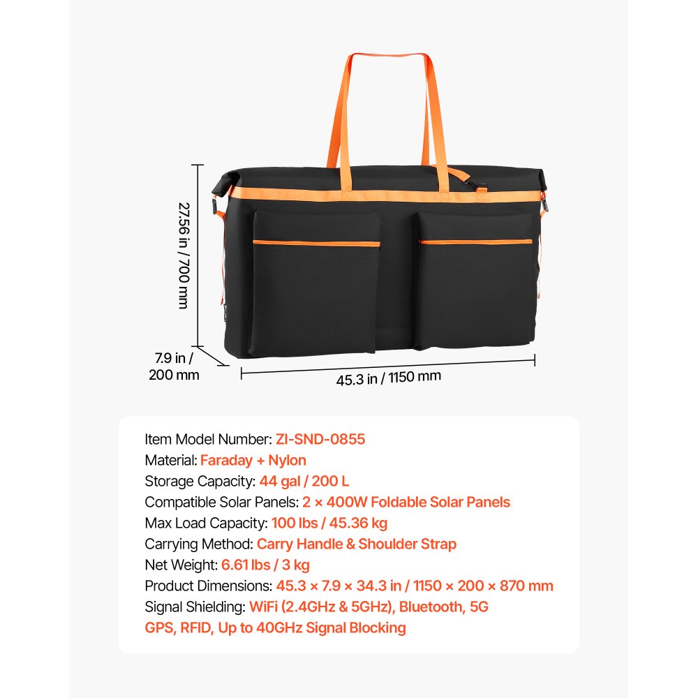 VEVOR Solar Panel Storage Bag for 2 x 400W Foldable Solar Panels, Waterproof Faraday + Nylon Solar Panel Carrying Bag with Signal Blocking, Lightweight Portable for Outdoor Camping, RV Travel