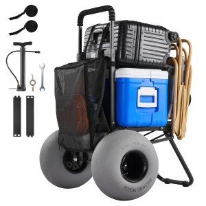 VEVOR Beach Dolly with Big Wheels for Sand, 18 x 15 Cargo Deck, Folding Sand Cart with 12 Balloon Wheels, 165 lbs Loading Capacity 34 to 45 Adjustable Height, Heavy Duty Cart for Beach Camping