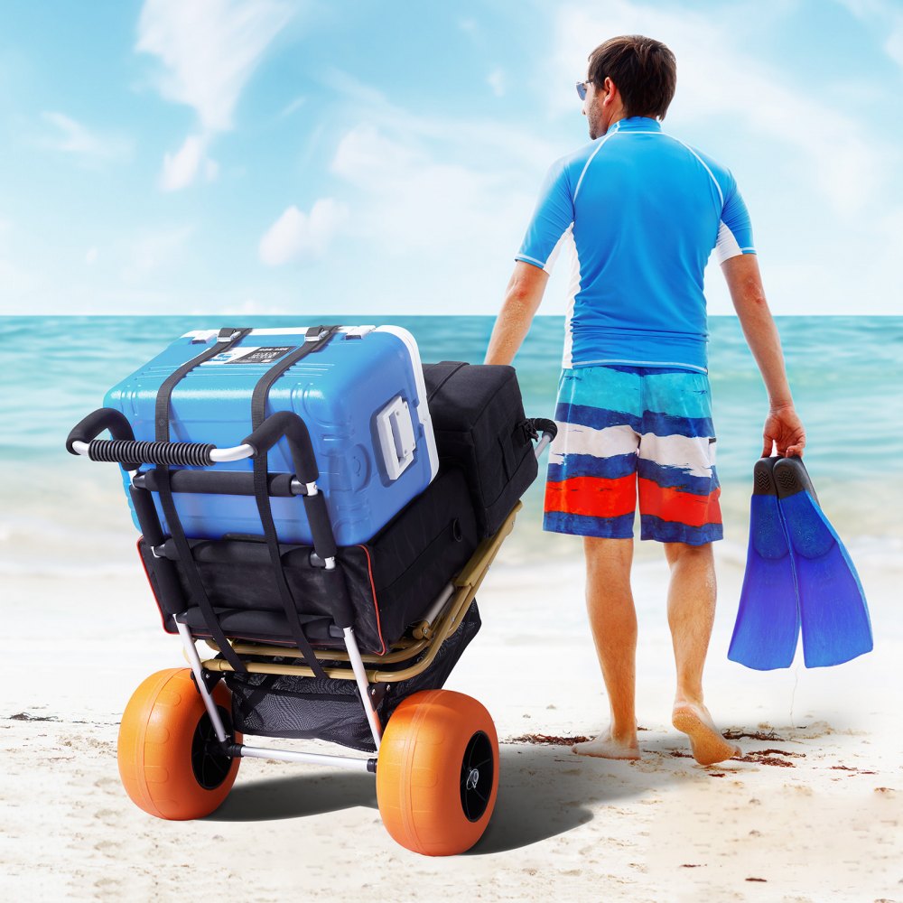 VEVOR Beach Dolly with Big Wheels for Sand, 29.9" x 15.4" Cargo Deck, w/ 12" Solid Wheels, 165LBS Loading Capacity Folding Sand Cart & 27" to 44.7" Adjustable Height, Heavy Duty Cart for Beach