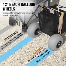 VEVOR Chariot de plage avec grandes roues pour le sable, pont de chargement de 29,9" x 15,4", avec roues ballon de 12", capacité de chargement de 165 lb, chariot de sable pliable et hauteur réglable de 27" à 44,7", chariot robuste pour la plage