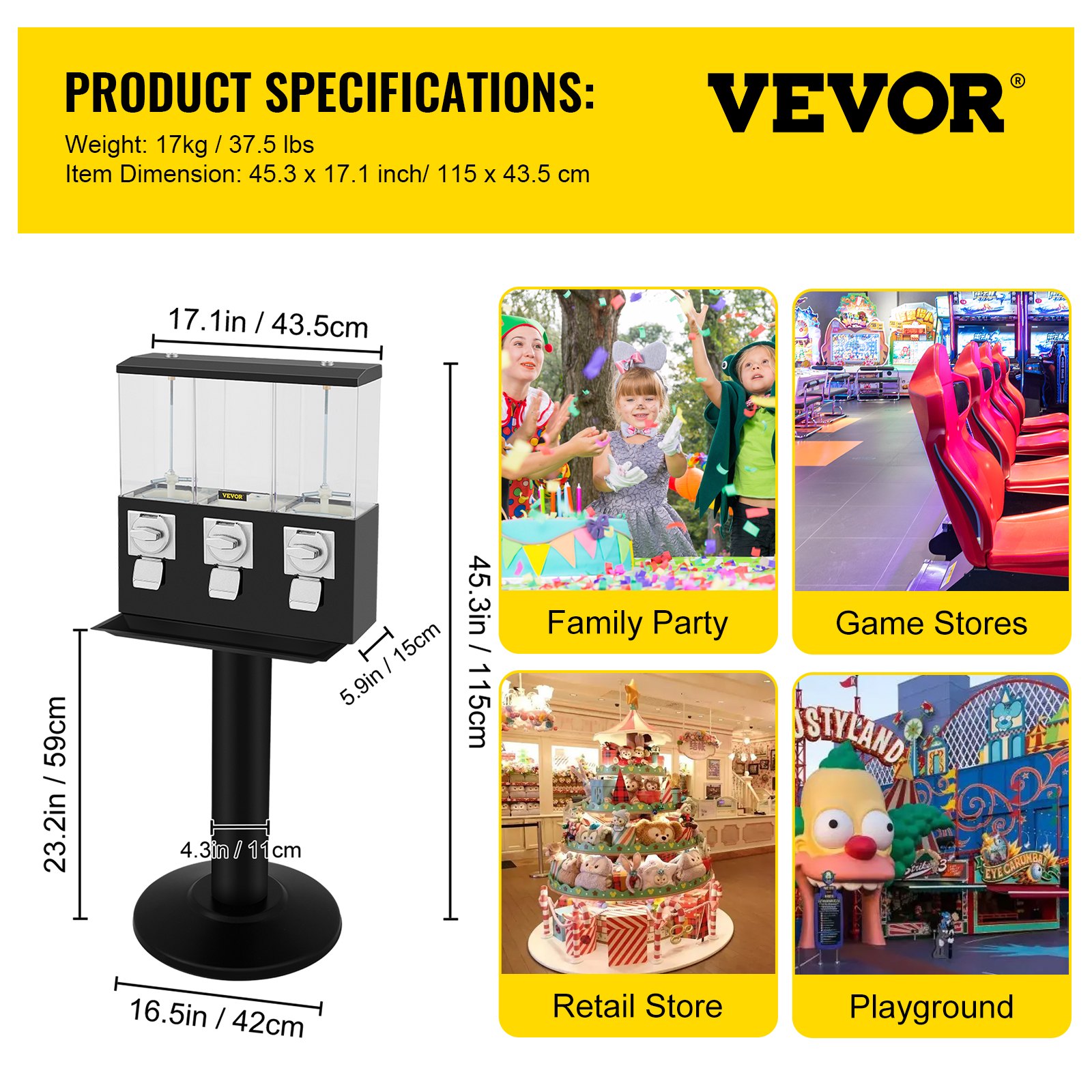 VEVOR Triple Head Candy Vending Machine, 1-inch Gumball Vending Machine, Commercial Gumball Vending Machine with Stand and Adjustable Candy Outlet Size, Candy Vending Machine for Home, Gaming Stores