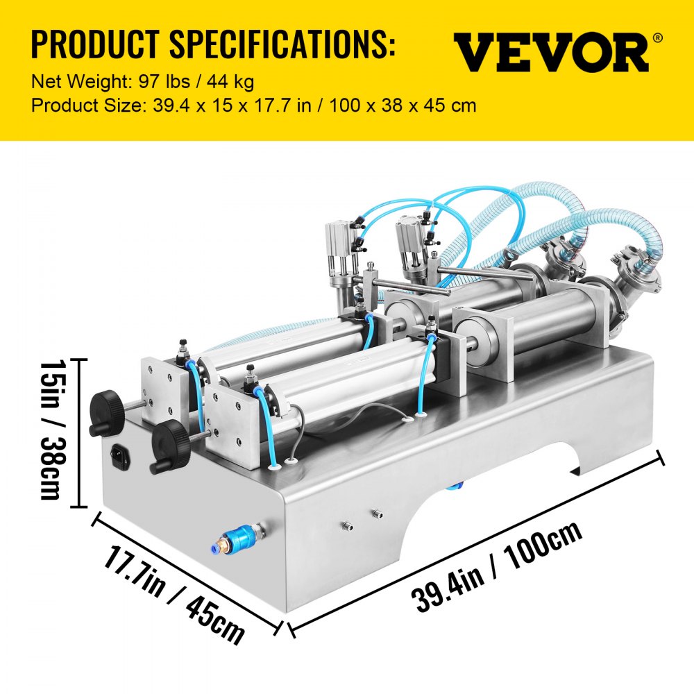 VEVOR 100-1000ml Pneumatic Liquid Filling Machine Two Nozzles Bottle Filler for Liquid Juice Filler for Liquid