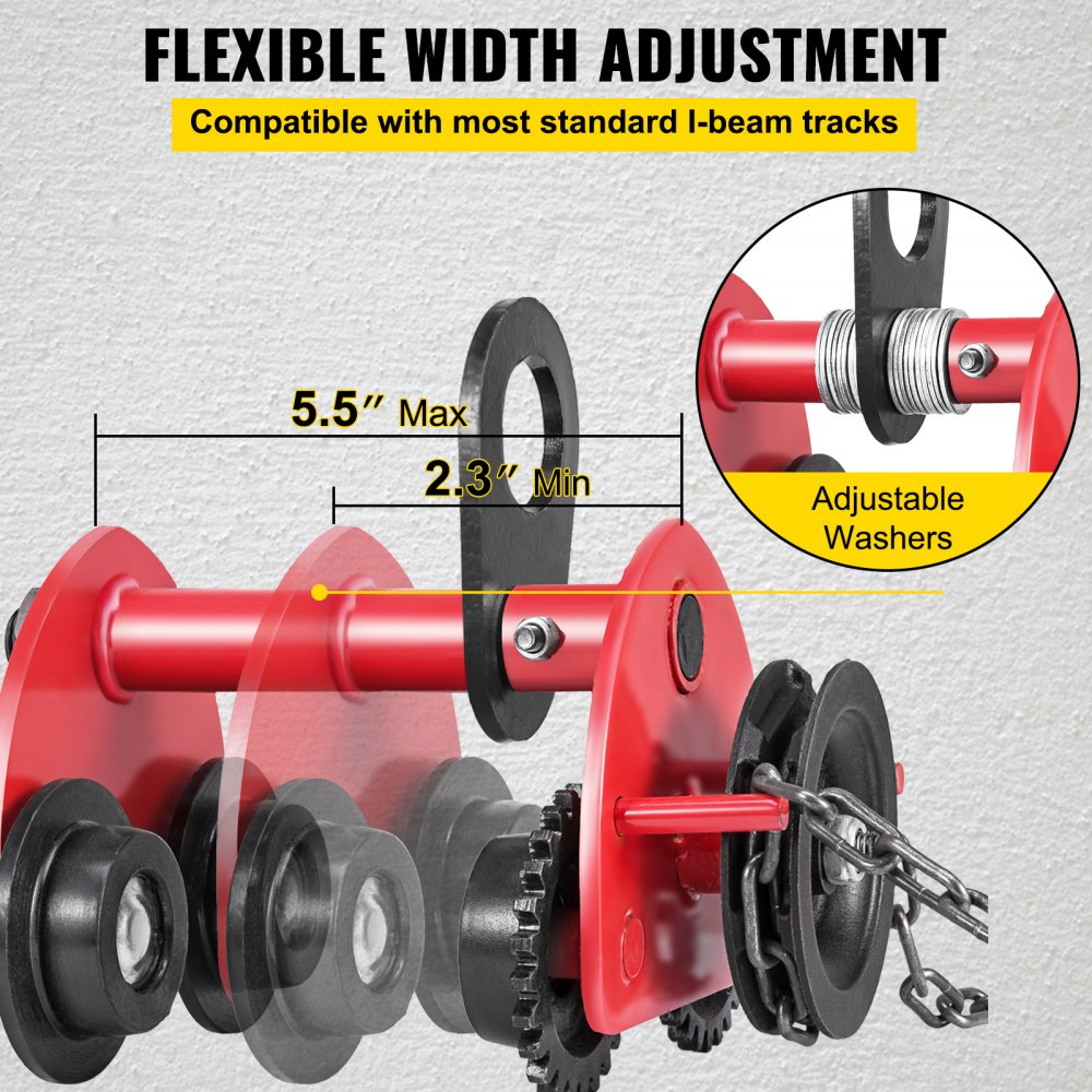 VEVOR Heavy Duty 2T/4400Lbs Overhead Geared Push Beam Trolley, Red Hoist Lifing Tackle Roller Trolley Hoist Lifting Tackle with Chain