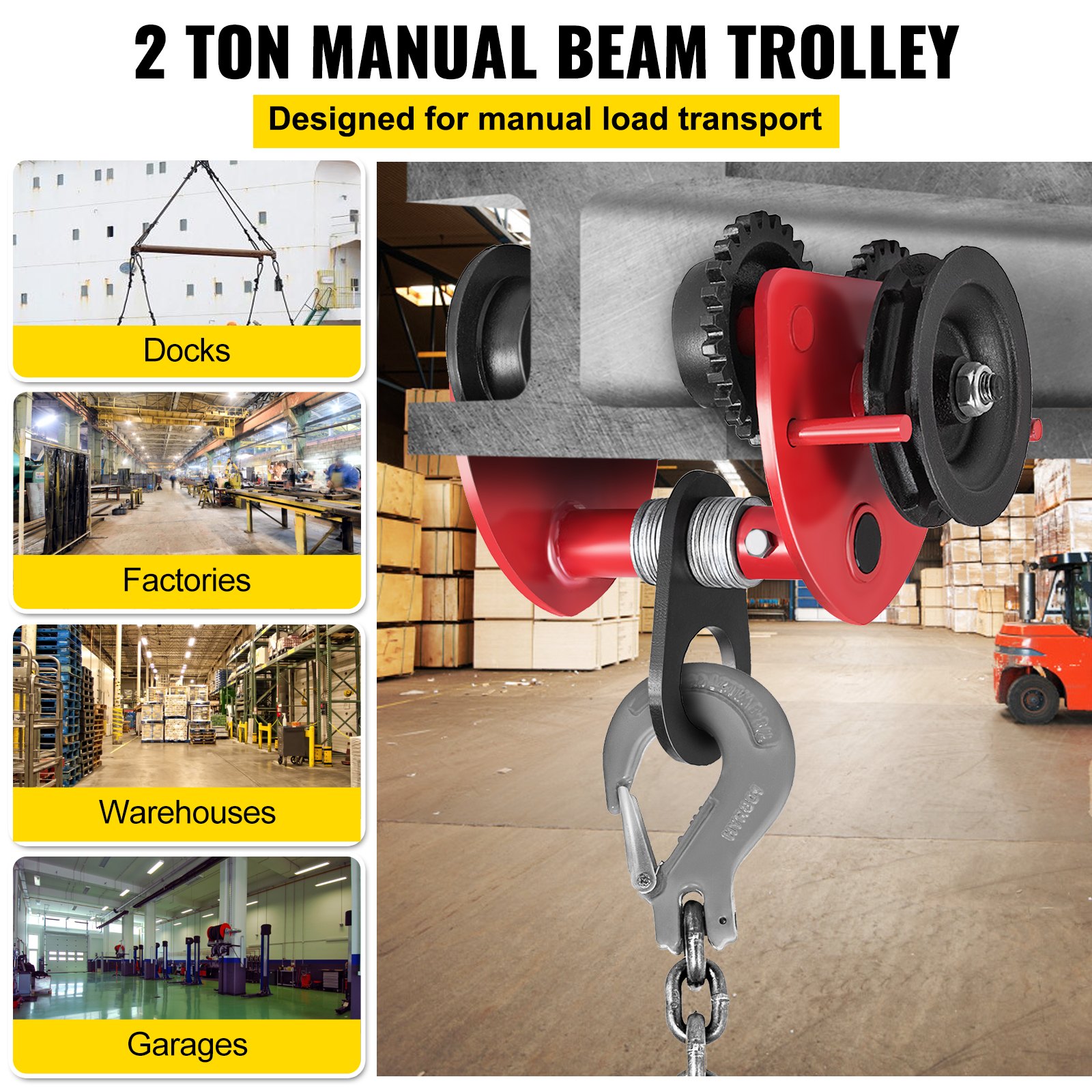 VEVOR Heavy Duty 2T/4400Lbs Overhead Geared Push Beam Trolley, Red Hoist Lifing Tackle Roller Trolley Hoist Lifting Tackle with Chain