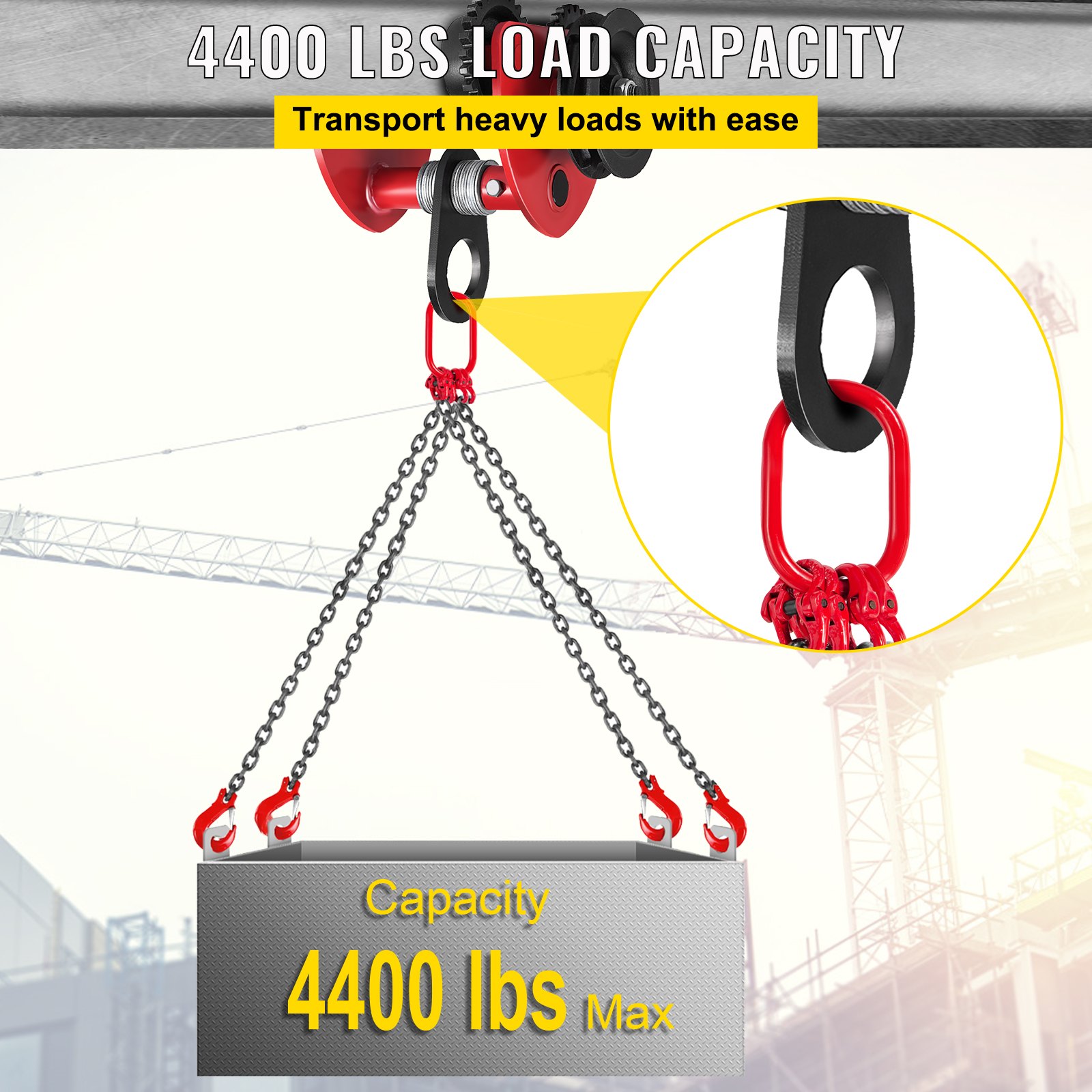 VEVOR Heavy Duty 2T/4400Lbs Overhead Geared Push Beam Trolley, Red Hoist Lifing Tackle Roller Trolley Hoist Lifting Tackle with Chain