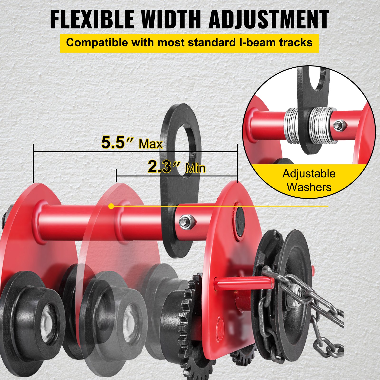 VEVOR Heavy Duty 2T/4400Lbs Overhead Geared Push Beam Trolley, Red Hoist Lifing Tackle Roller Trolley Hoist Lifting Tackle with Chain