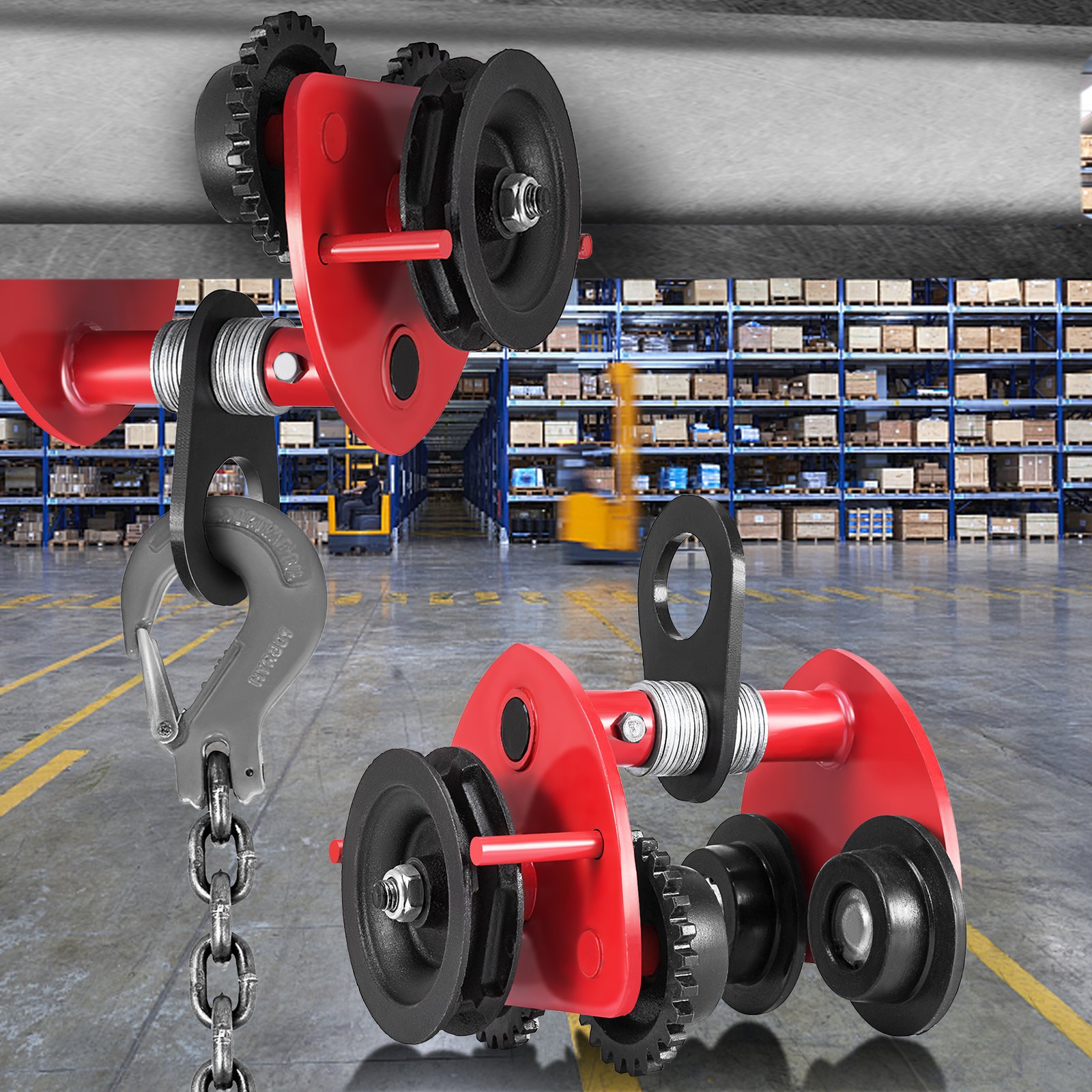 VEVOR Heavy Duty 2T/4400Lbs Overhead Geared Push Beam Trolley, Red Hoist Lifing Tackle Roller Trolley Hoist Lifting Tackle with Chain