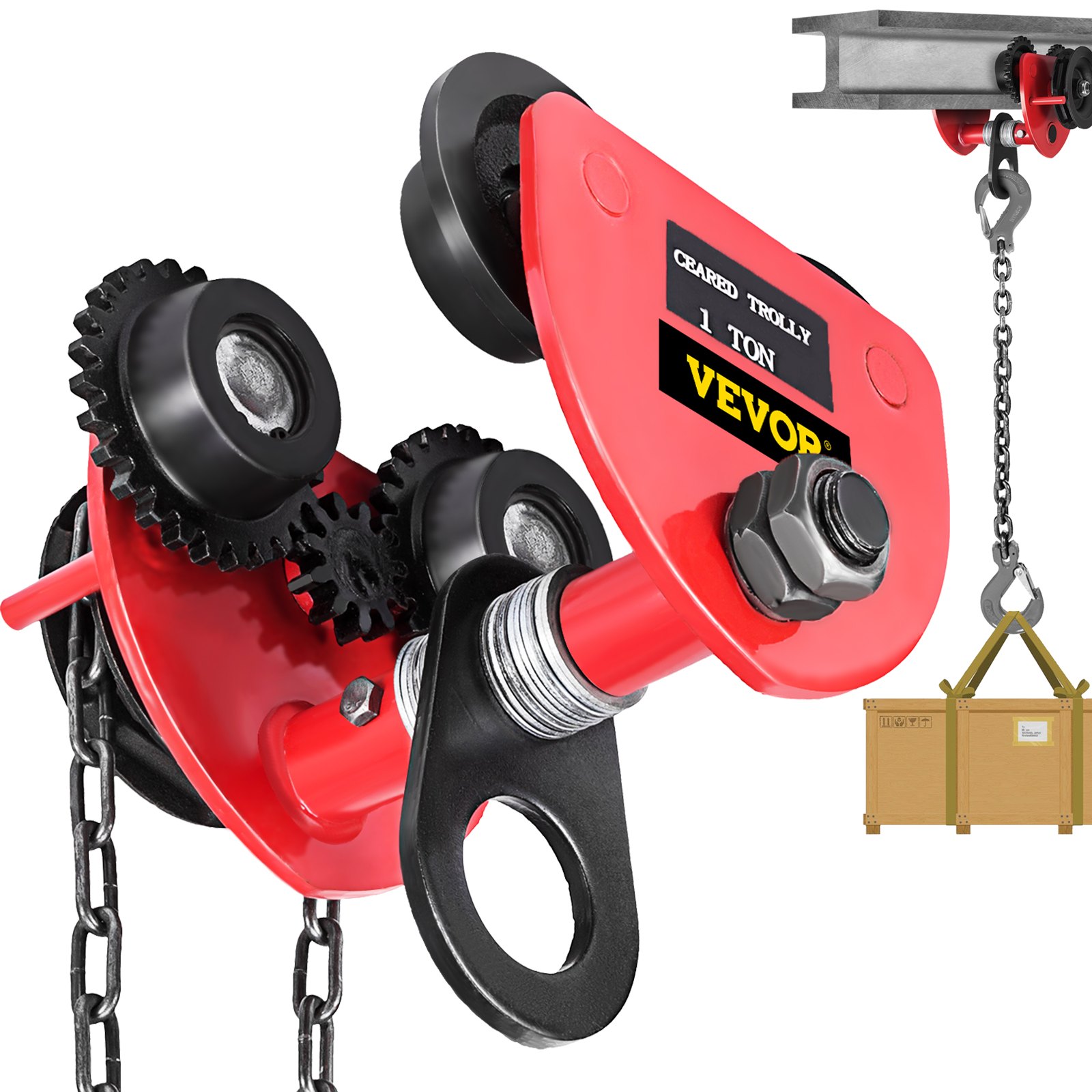 VEVOR Heavy Duty 2T/4400Lbs Overhead Geared Push Beam Trolley, Red Hoist Lifing Tackle Roller Trolley Hoist Lifting Tackle with Chain