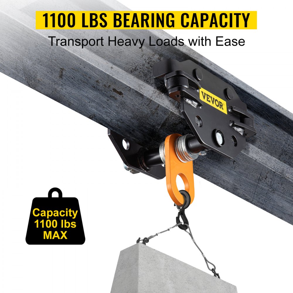 Carro de viga VEVOR de 1100 libras/0,5 toneladas de capacidad con rodillos guía laterales de 1,6"-3,3" de ancho ajustable