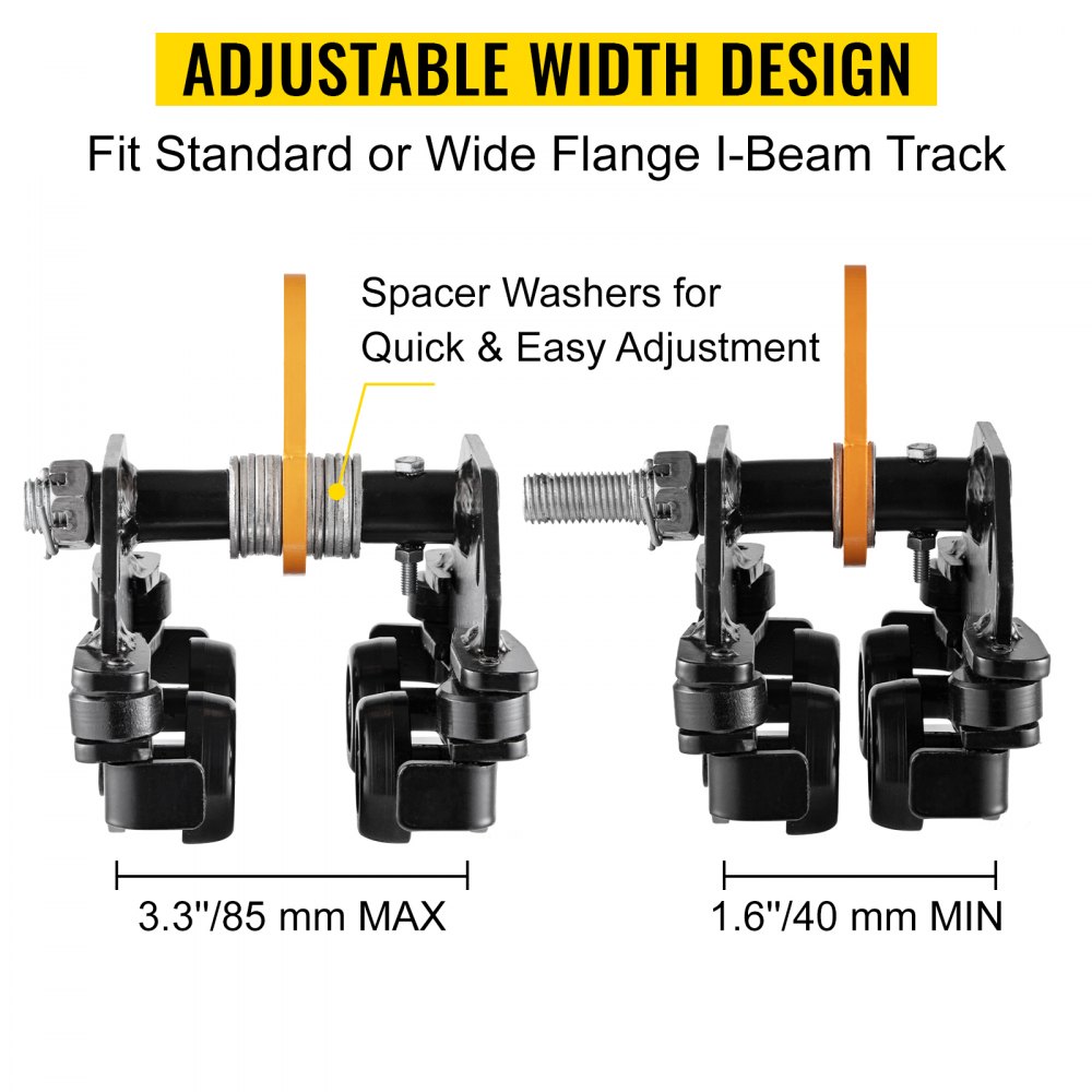 Carro de viga VEVOR de 1100 libras/0,5 toneladas de capacidad con rodillos guía laterales de 1,6"-3,3" de ancho ajustable