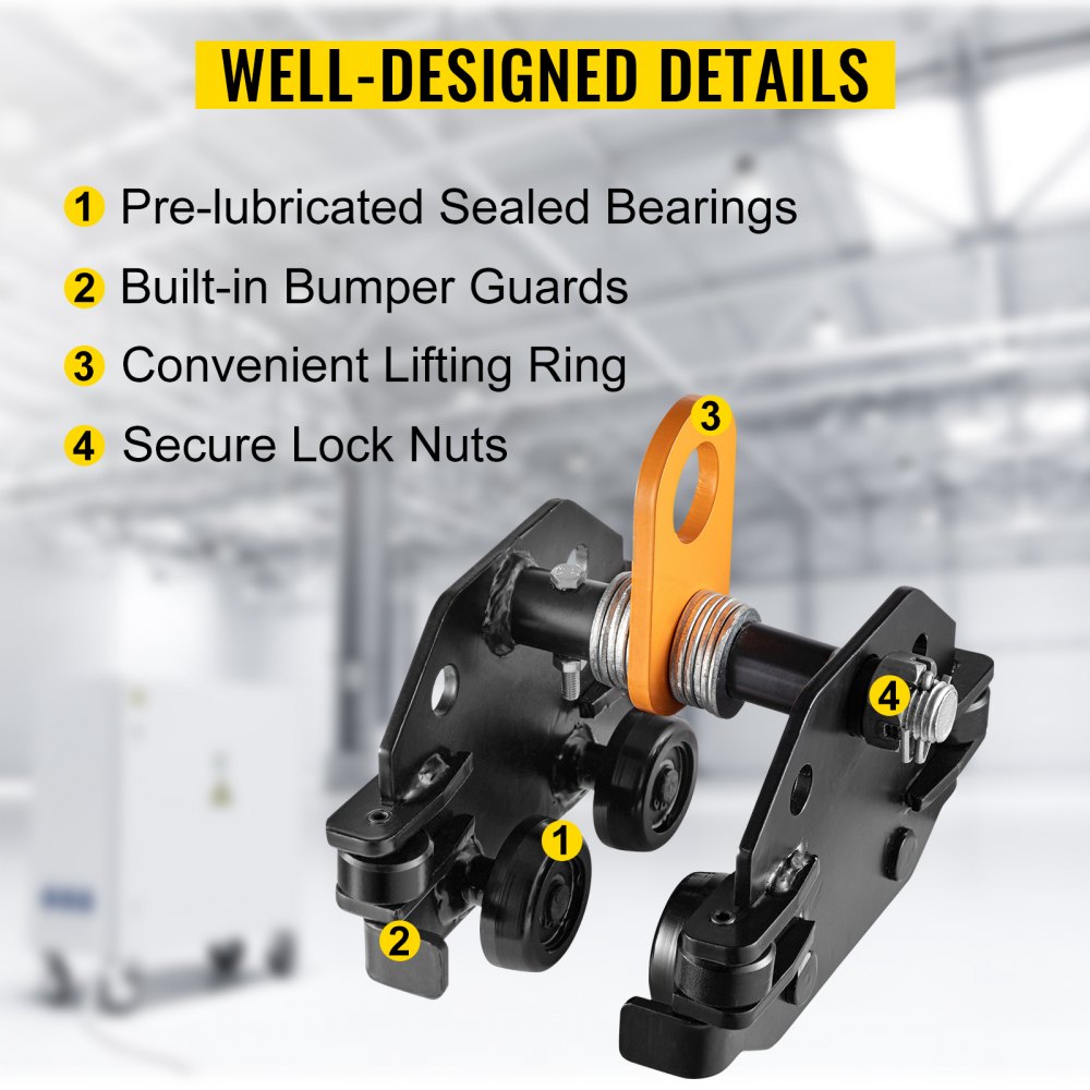 Carro de viga VEVOR de 1100 libras/0,5 toneladas de capacidad con rodillos guía laterales de 1,6"-3,3" de ancho ajustable