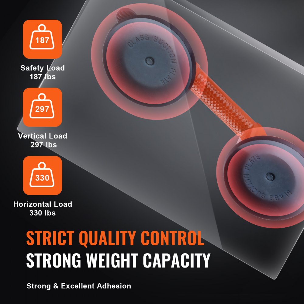 VEVOR suction plate demonstrating 187 lbs safety, 297 lbs vertical, and 330 lbs horizontal load capacity.