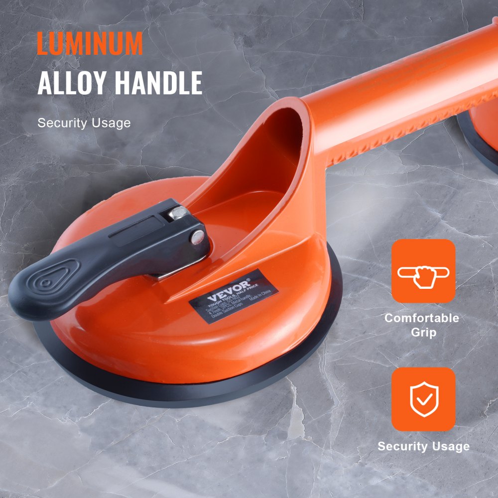 VEVOR glass suction cup with aluminum alloy handle, ergonomic grip, and security usage on marble surface.